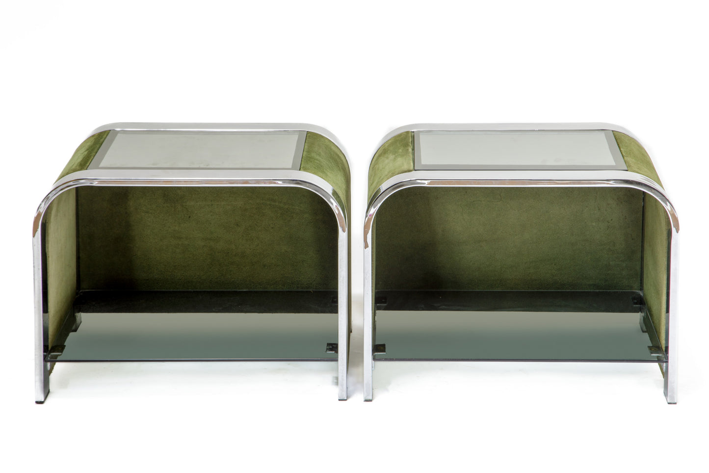 Coppia comodini anni 70 velluto verde e vetro fumé