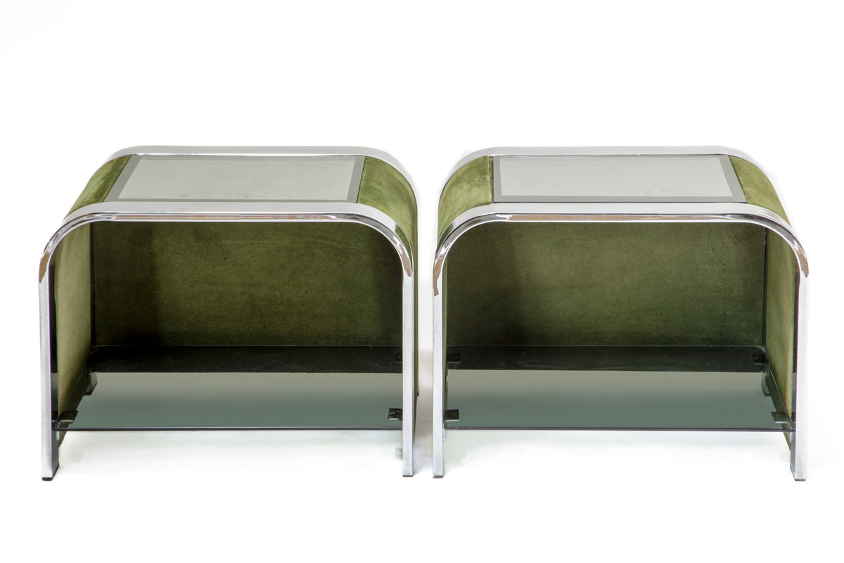 Coppia comodini anni 70 velluto verde e vetro fumé
