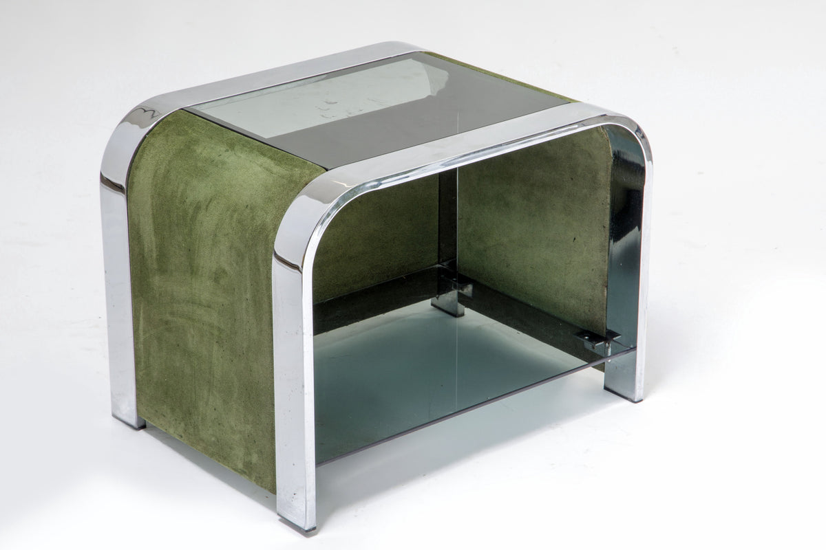 Pair of 1970s bedside tables in green velvet and smoked glass