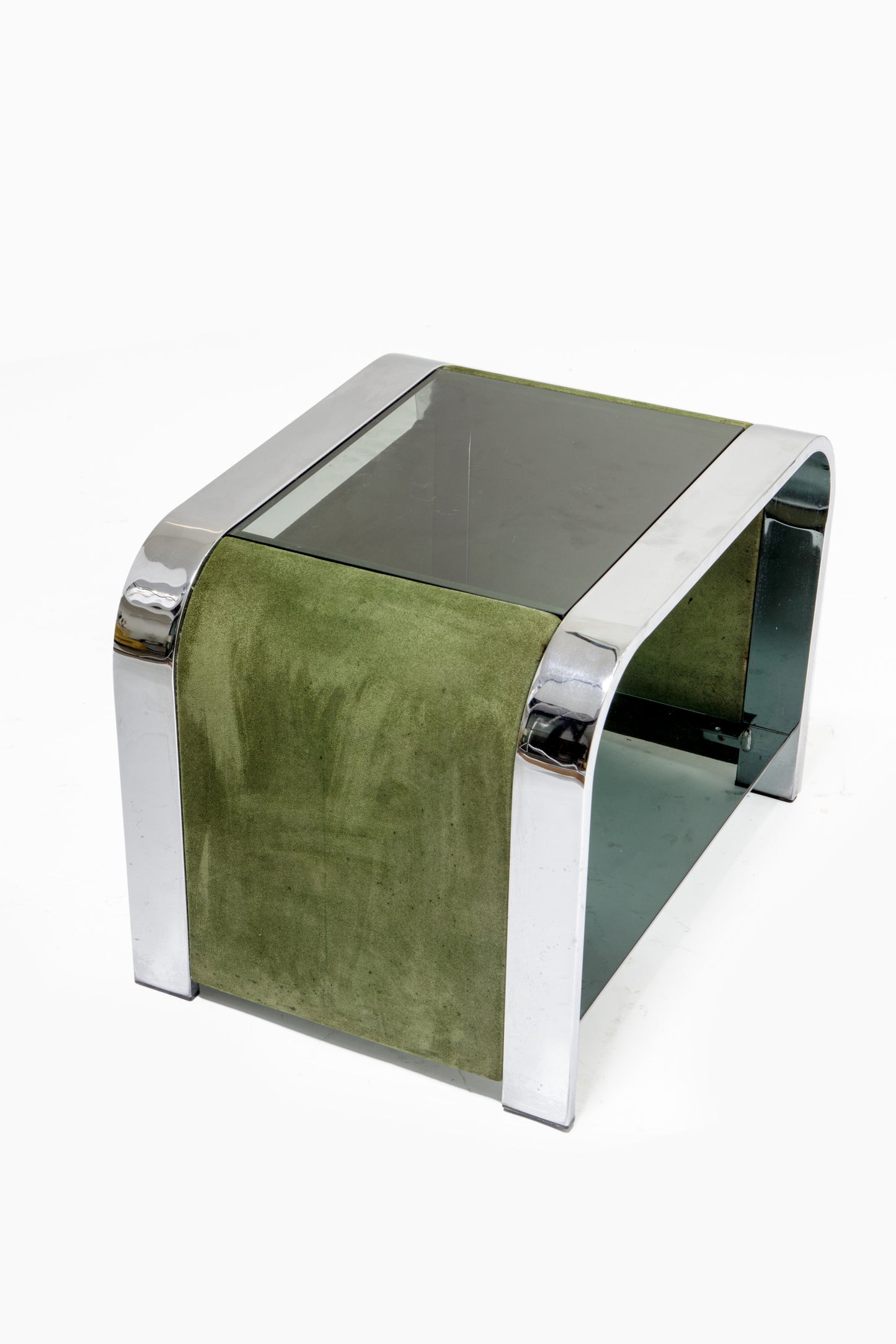 Coppia comodini anni 70 velluto verde e vetro fumé