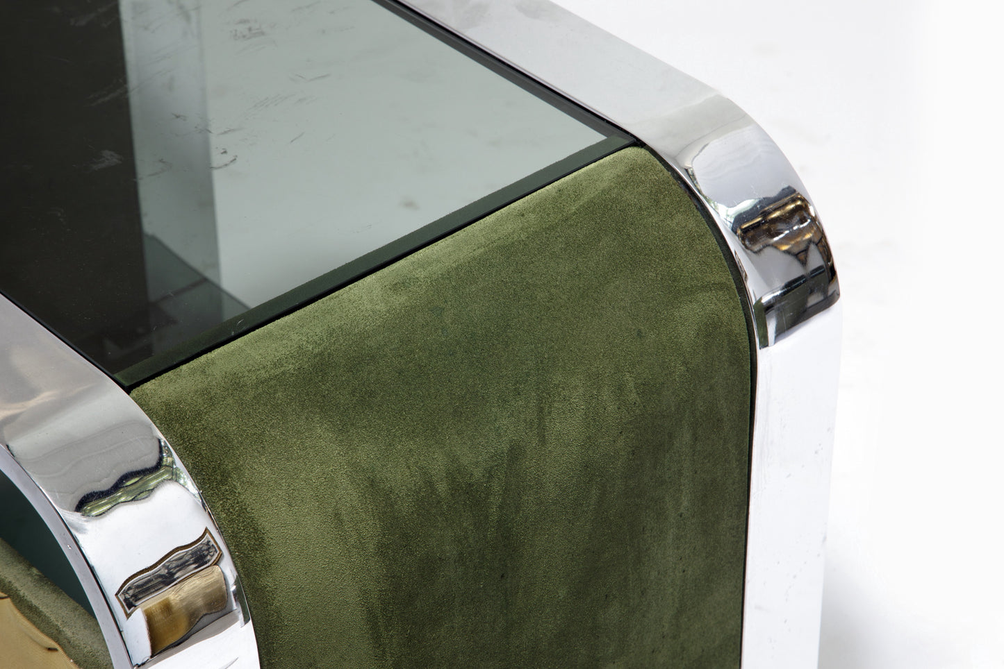 Coppia comodini anni 70 velluto verde e vetro fumé