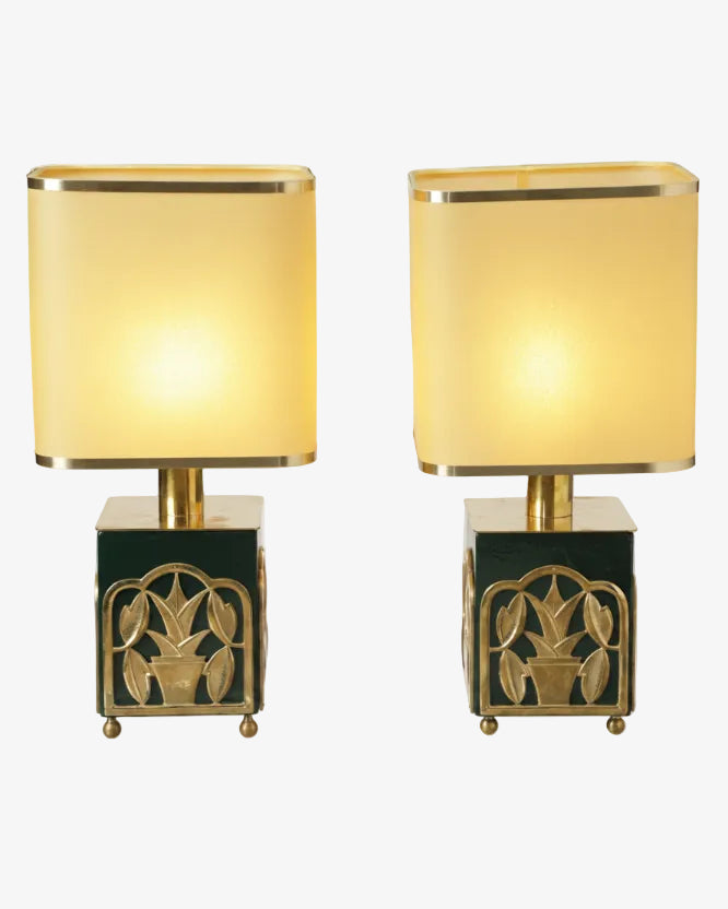 Coppia lampade ottone laccate verdi anni 70