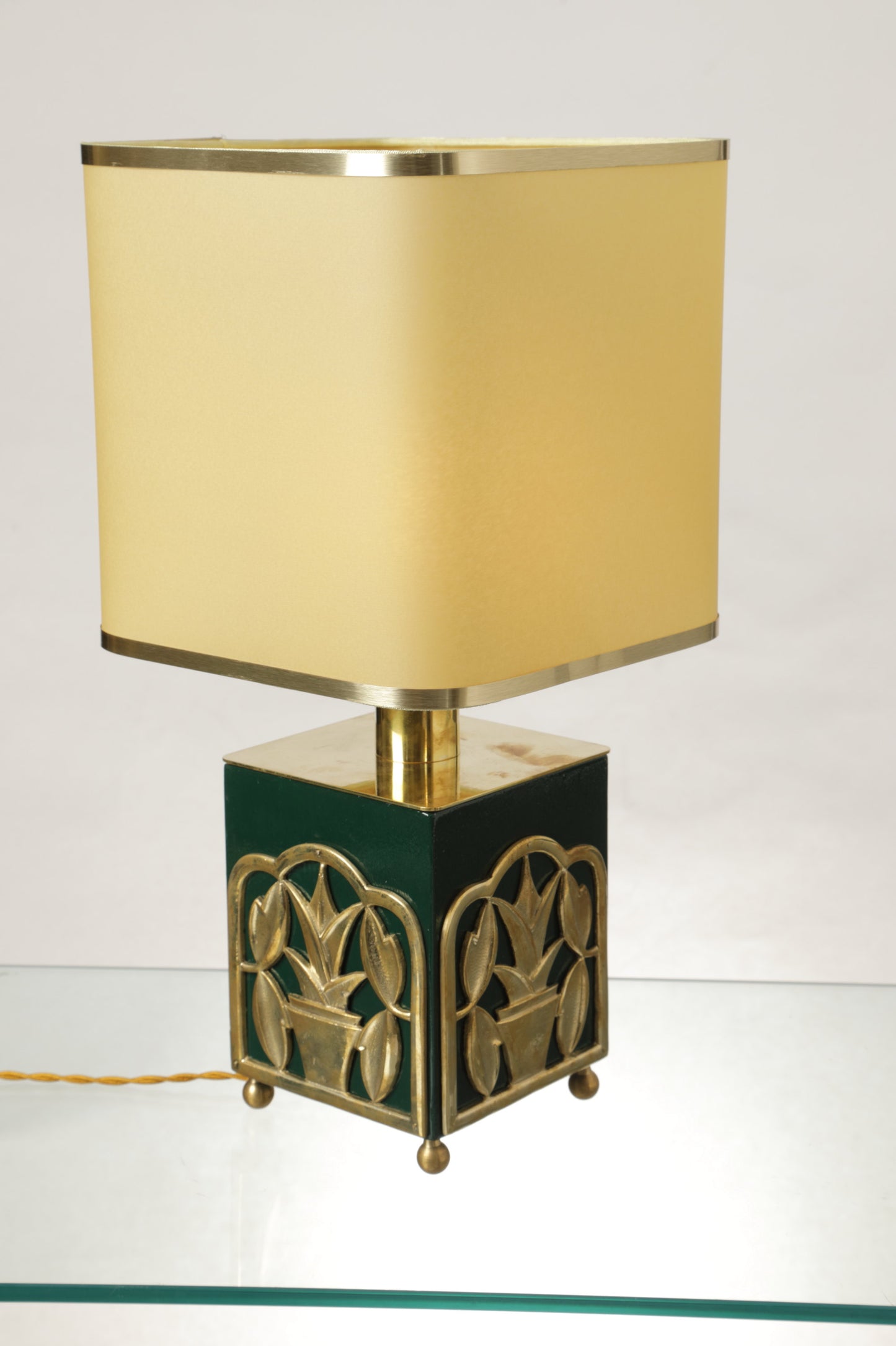 Pair of green lacquered brass lamps, 70s flowers