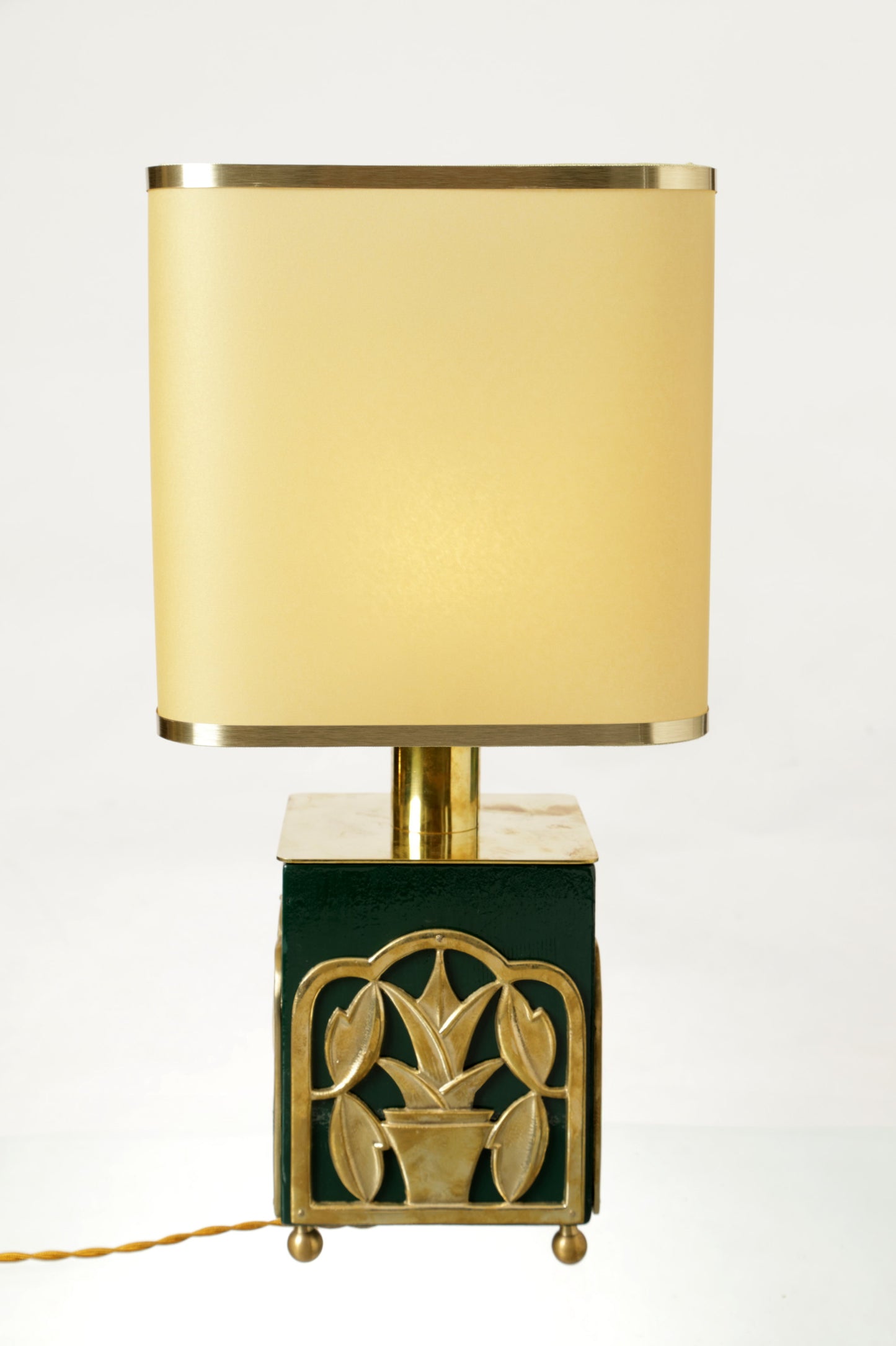 Pair of green lacquered brass lamps, 70s flowers