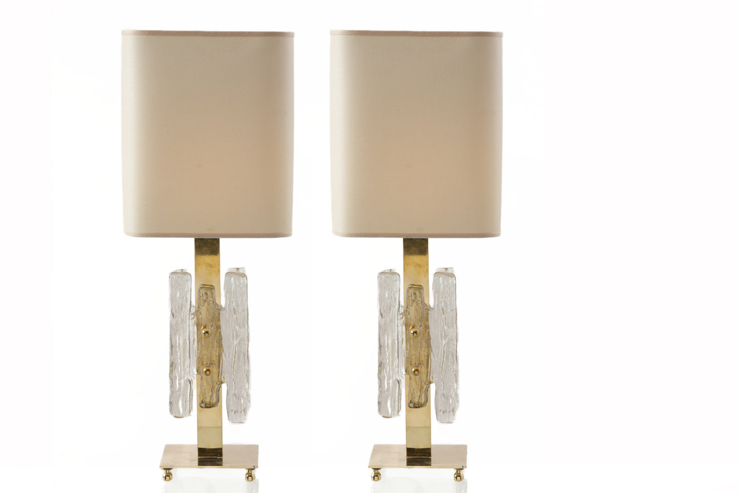 Pair of brass frosted glass lamps