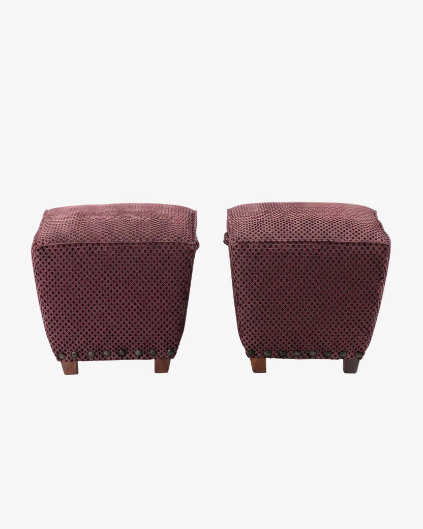 Pair of small plum velvet poufs