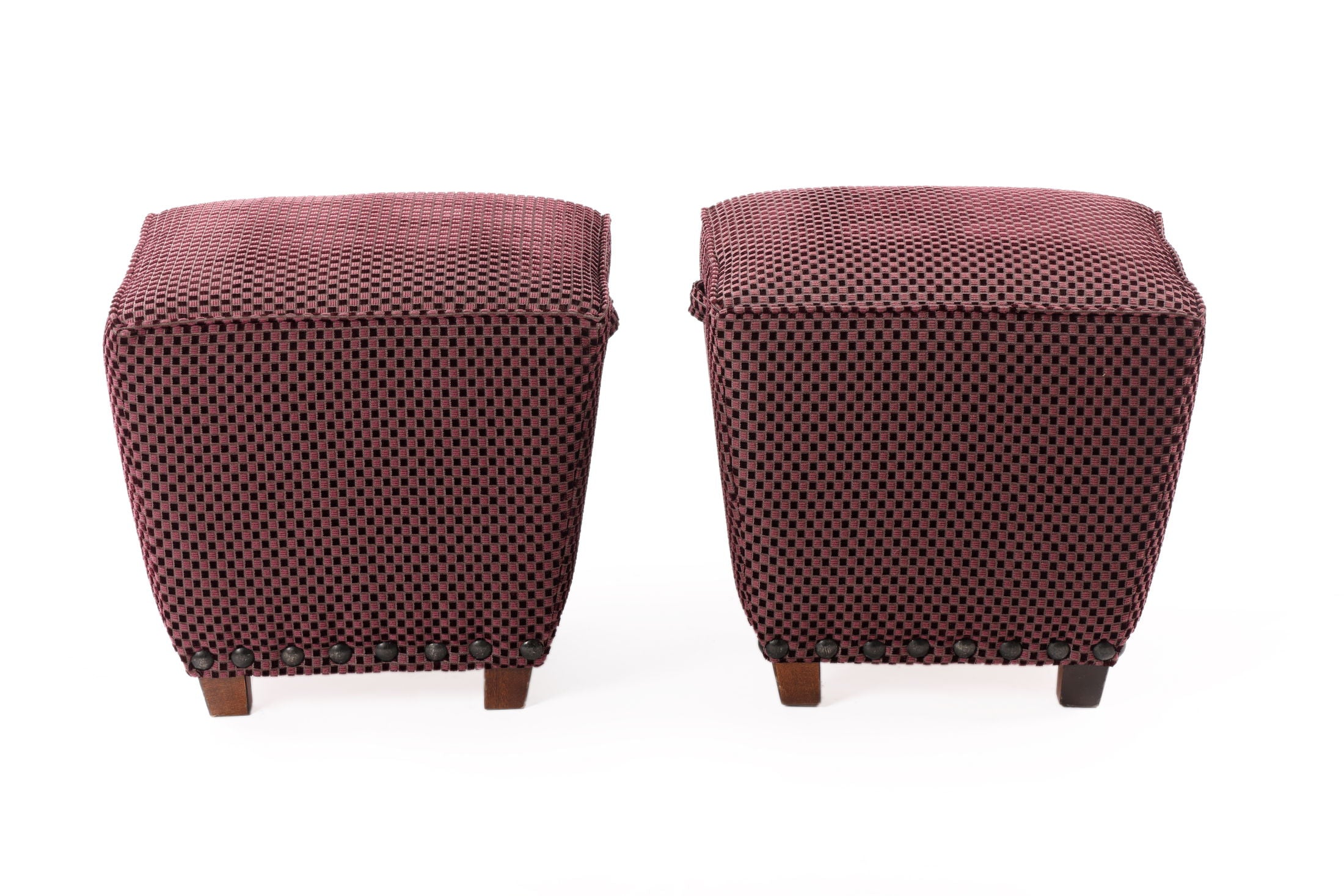 Pair of small plum velvet poufs