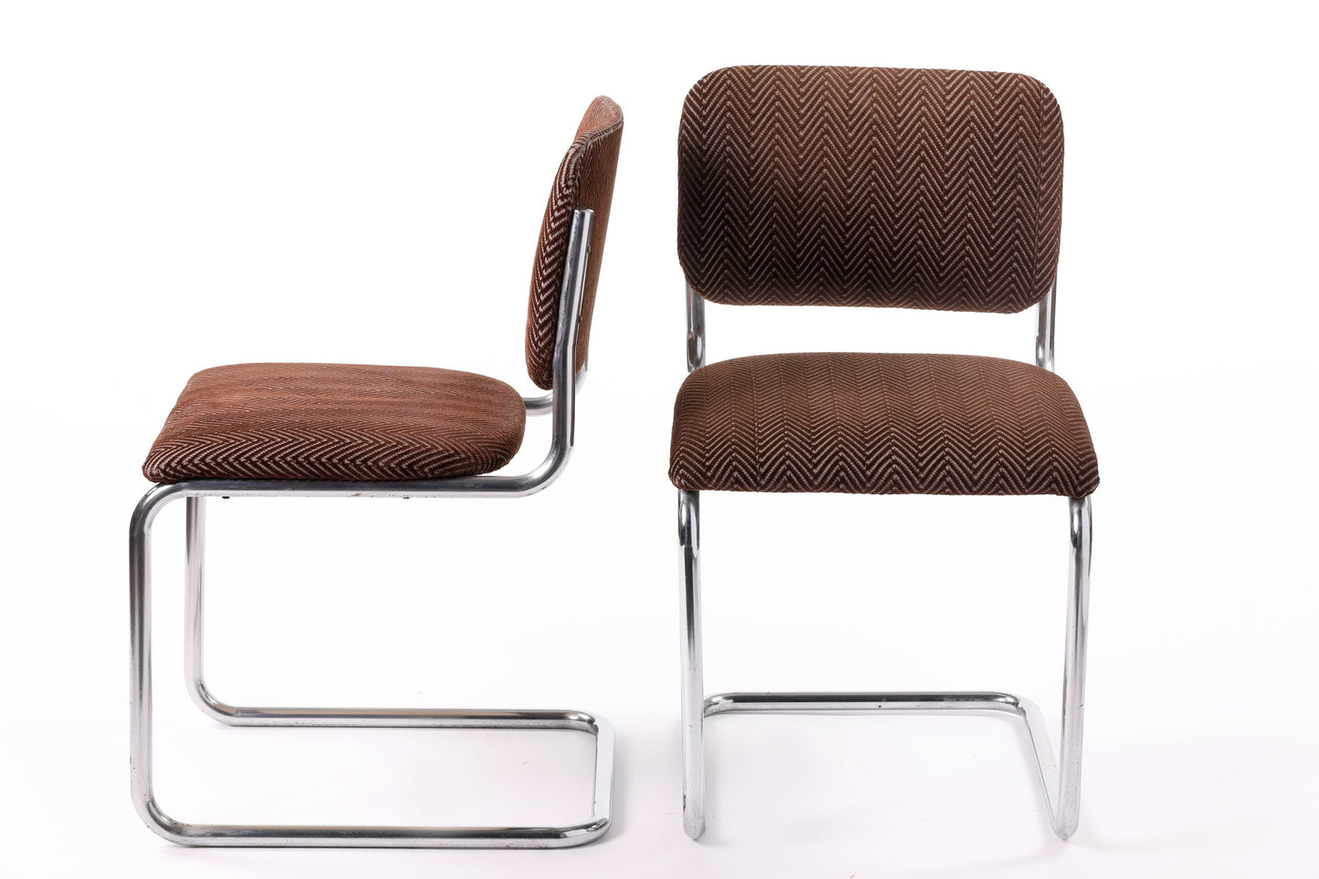 Pair of 70s chevron velvet and steel chairs