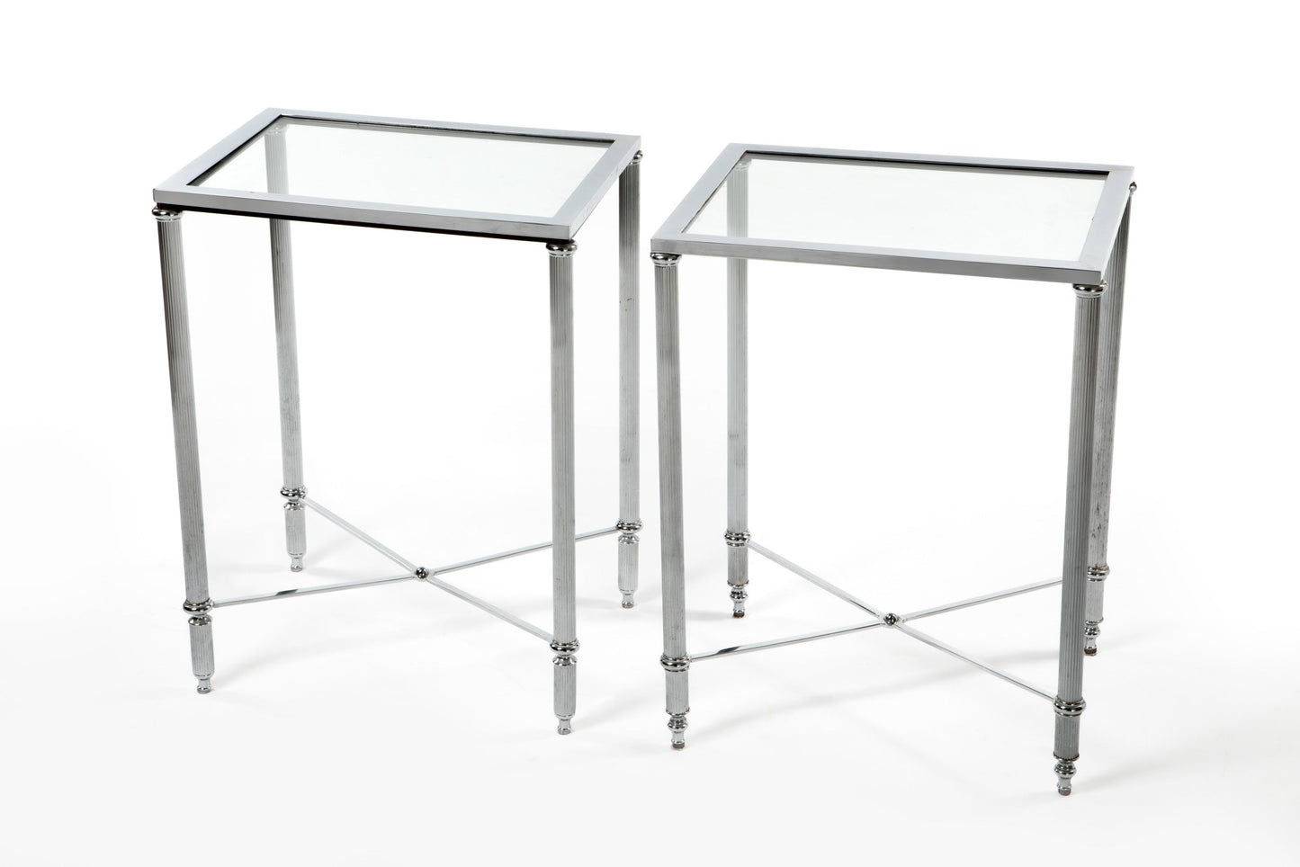 Pair of chromed glass top high tables