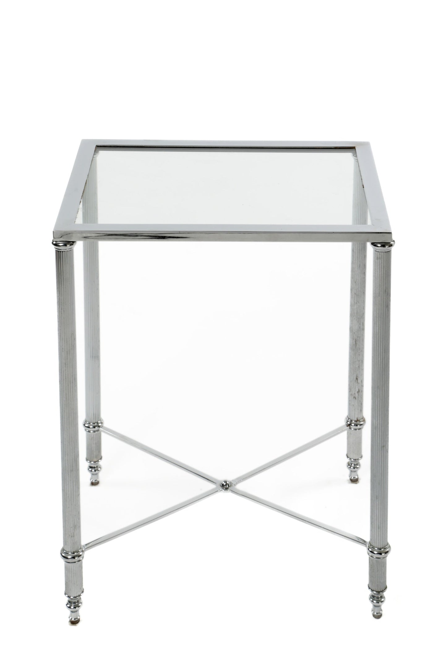 Pair of chromed glass top high tables
