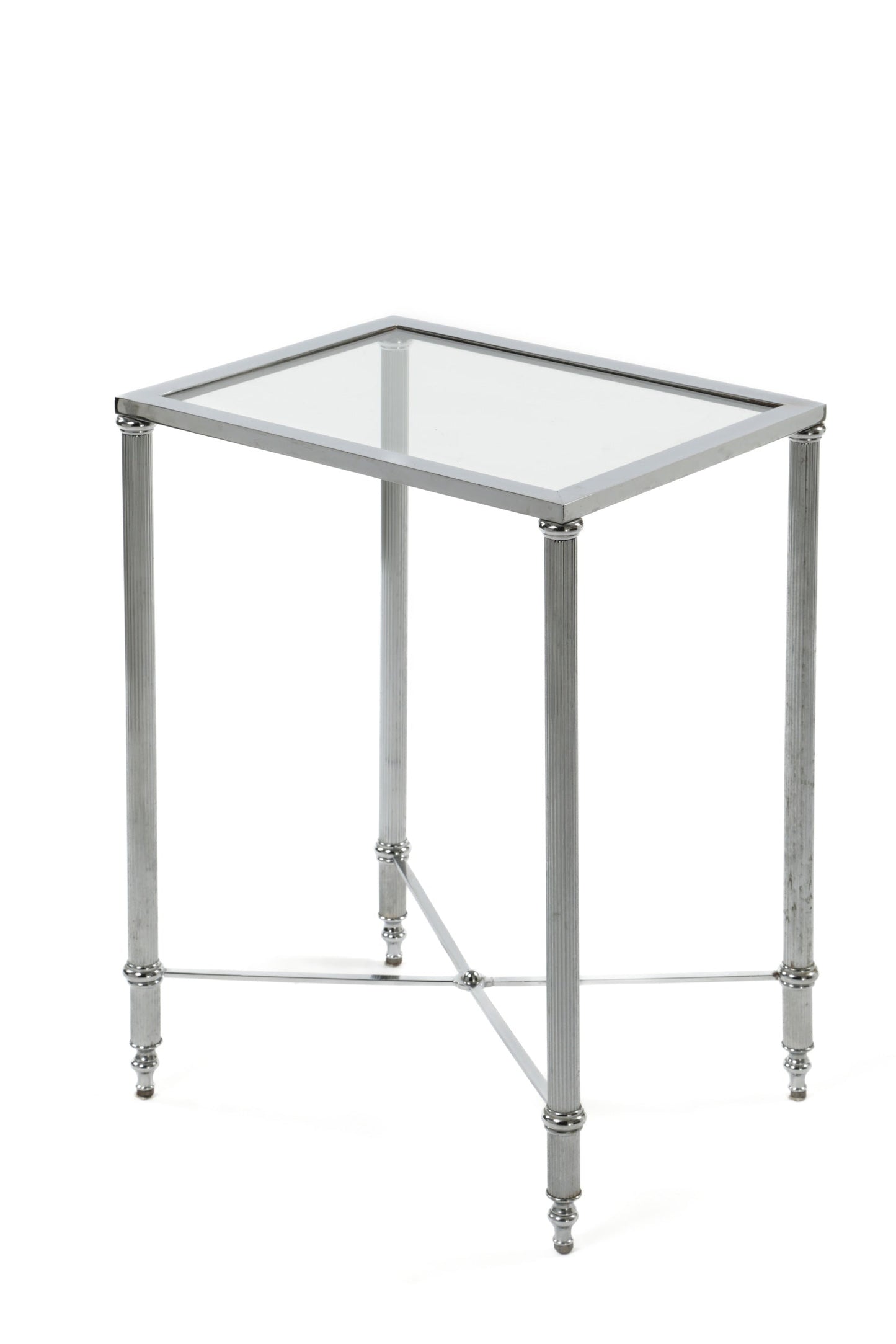 Pair of chromed glass top high tables