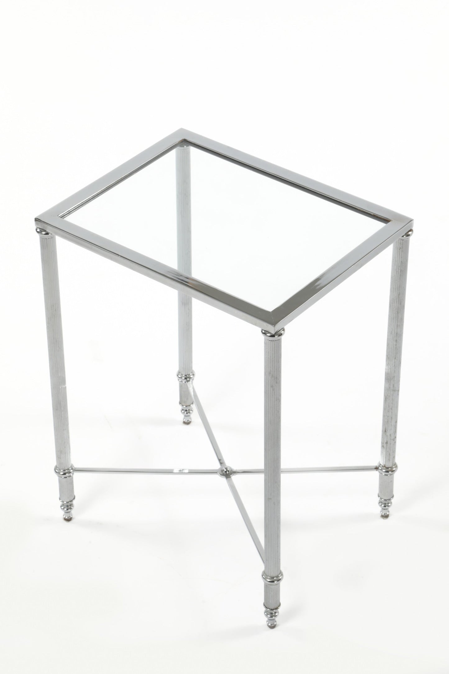 Pair of chromed glass top high tables