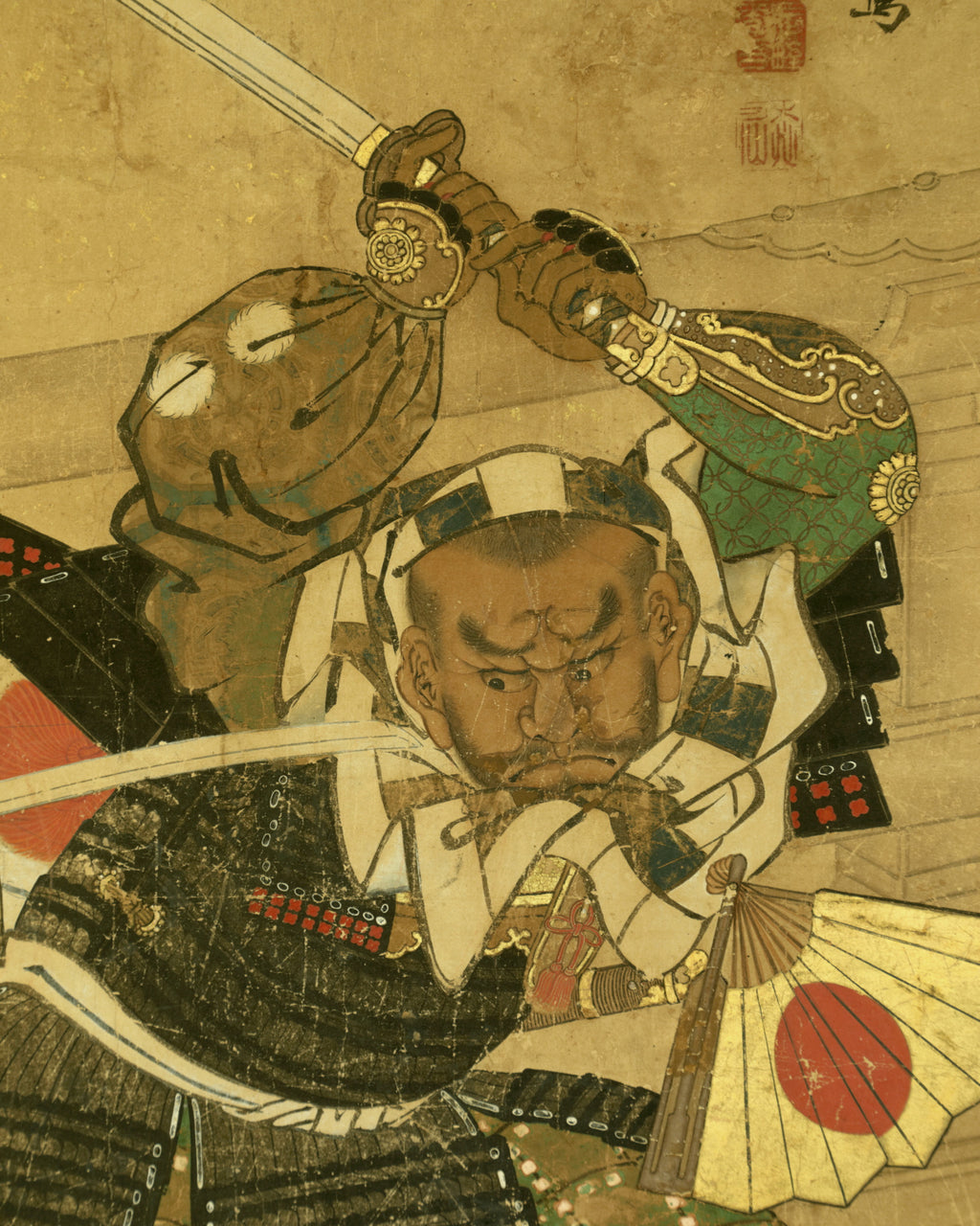 Dipinto su carta di riso Benkei e Yoshitsune sul ponte di Gojo