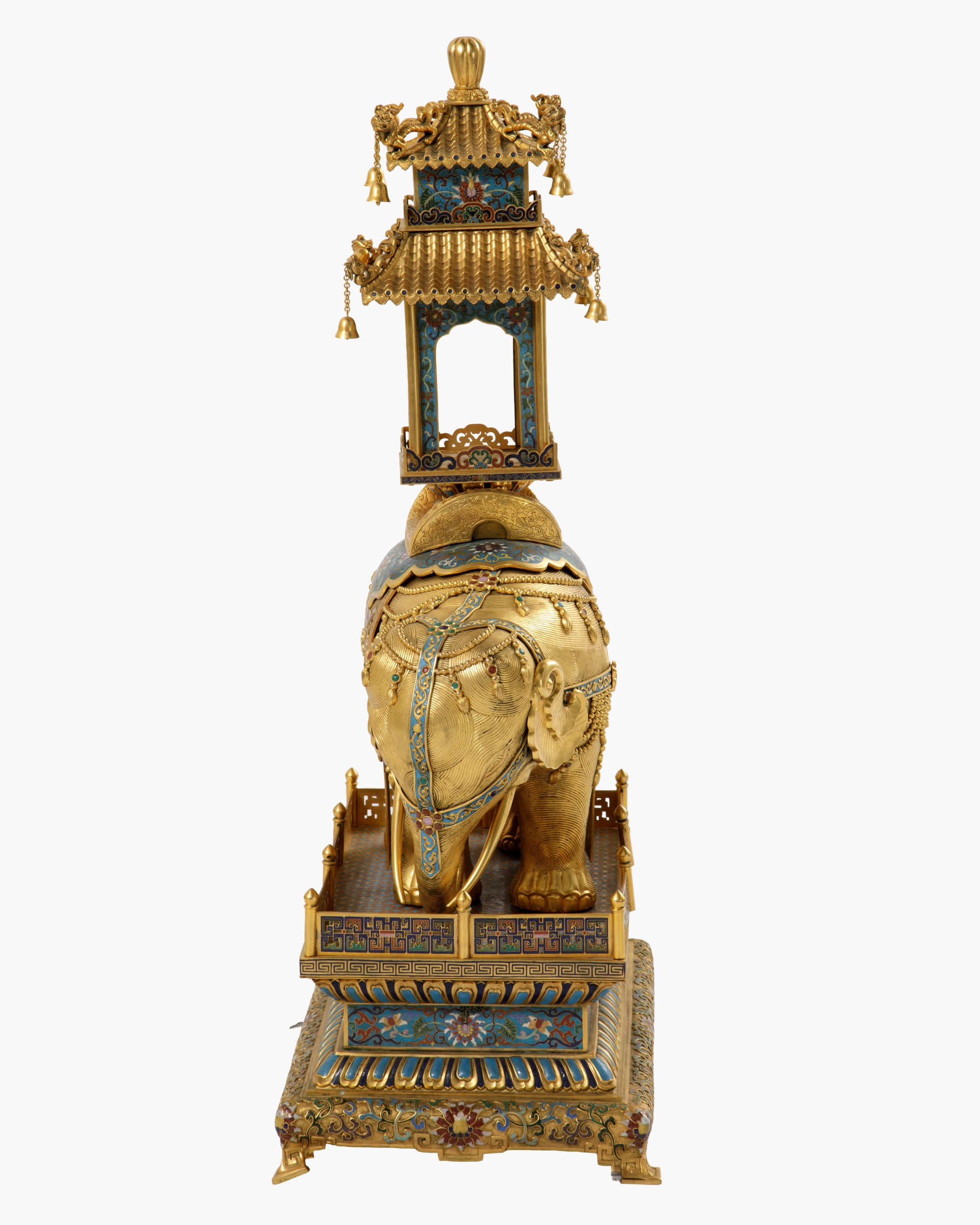Elefante con pagoda in bronzo dorato e smalti cloisonné