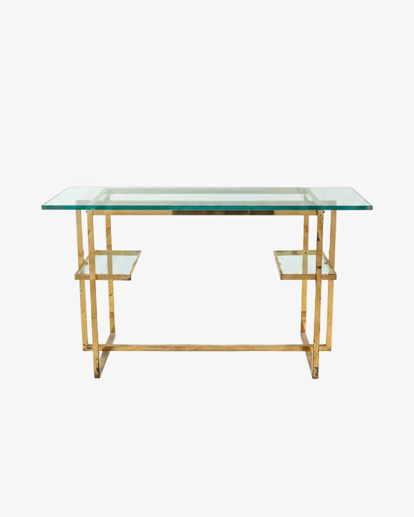 Consolle anni 70 struttura ottone piani in cristallo