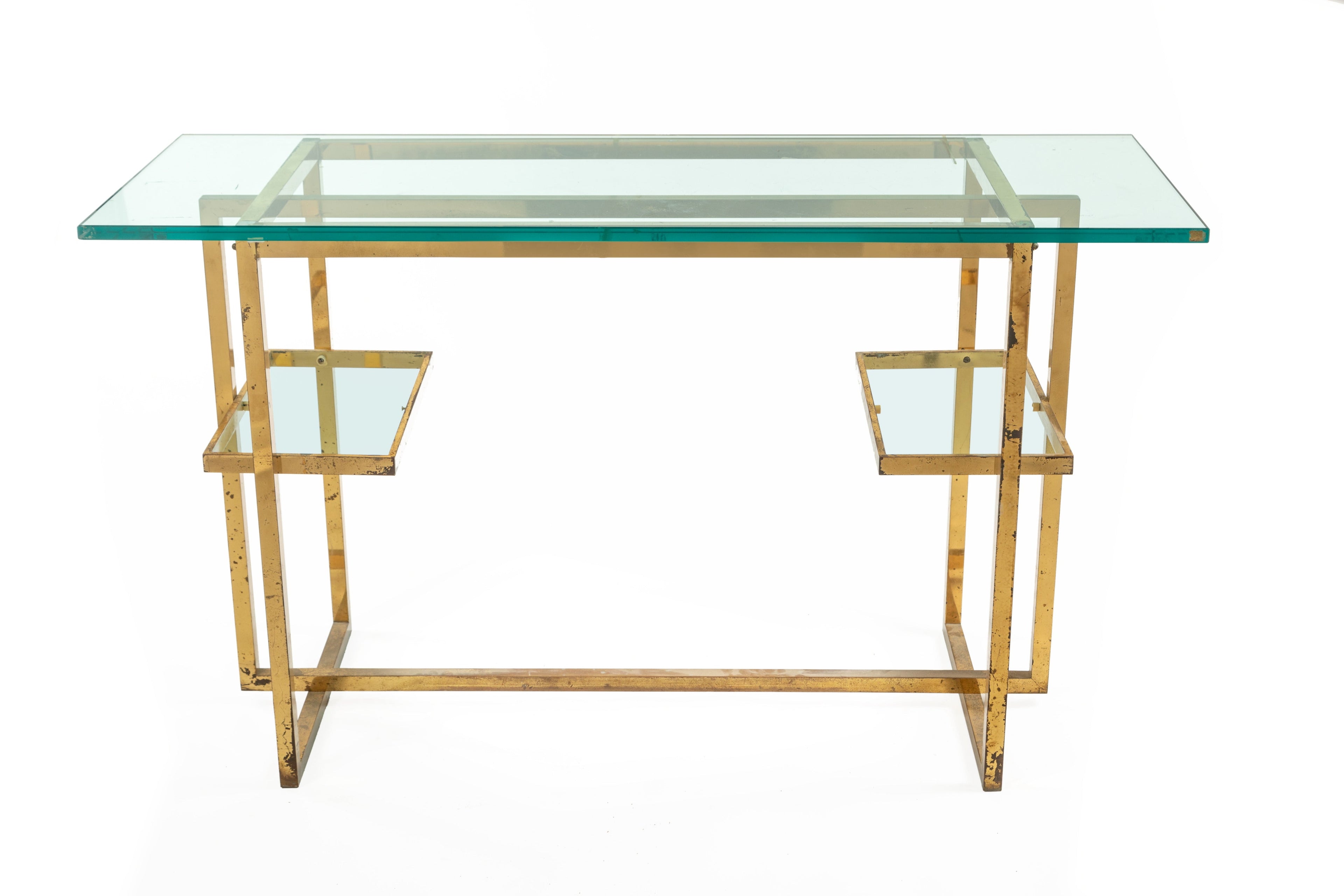 Consolle anni 70 struttura ottone piani in cristallo
