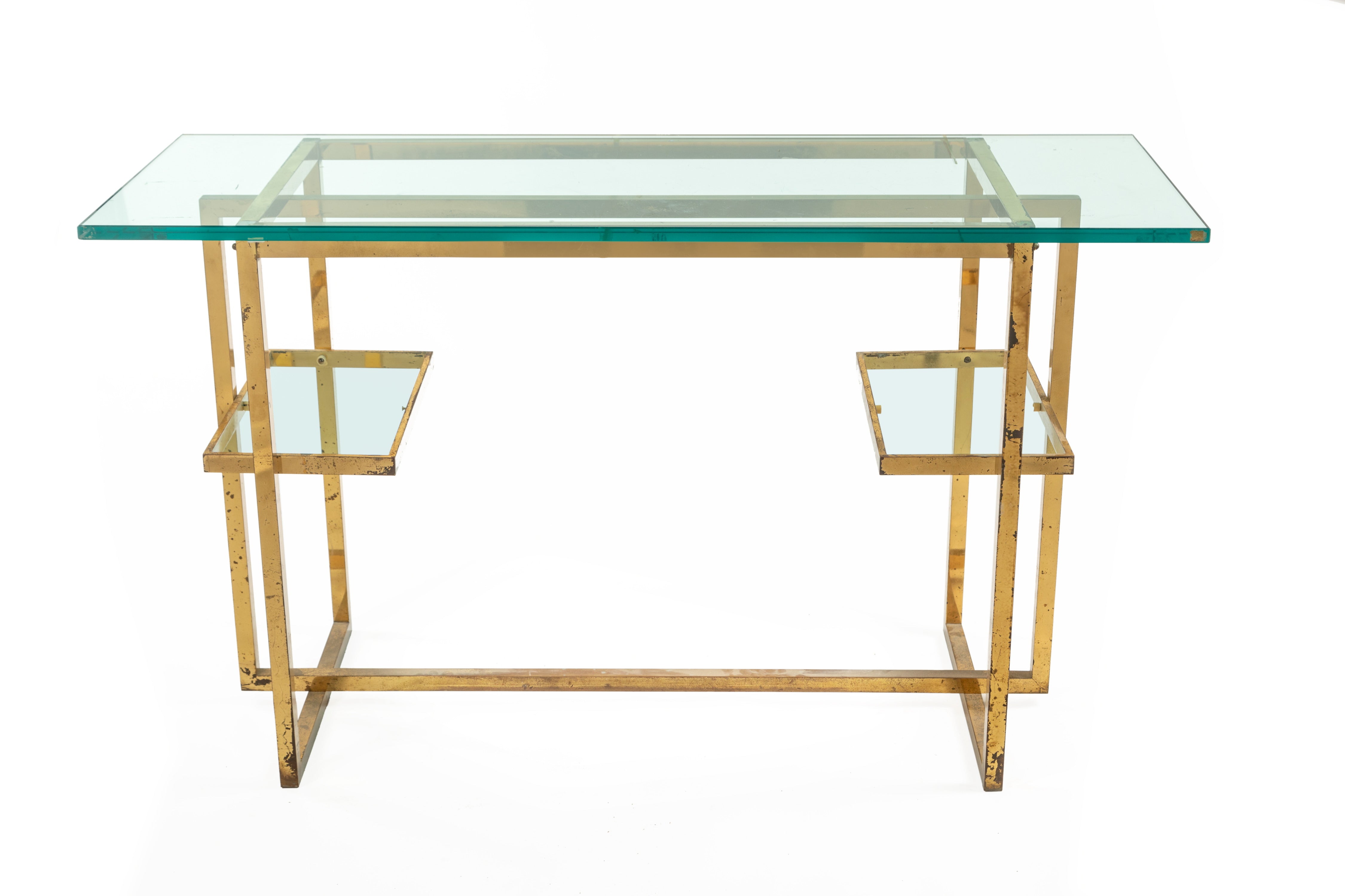 Console from the 70s with brass structure and glass tops