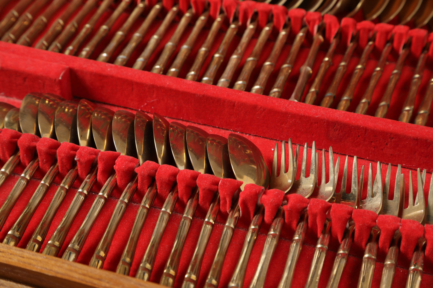 Large 1970s bamboo effect brass cutlery set, 144 pieces