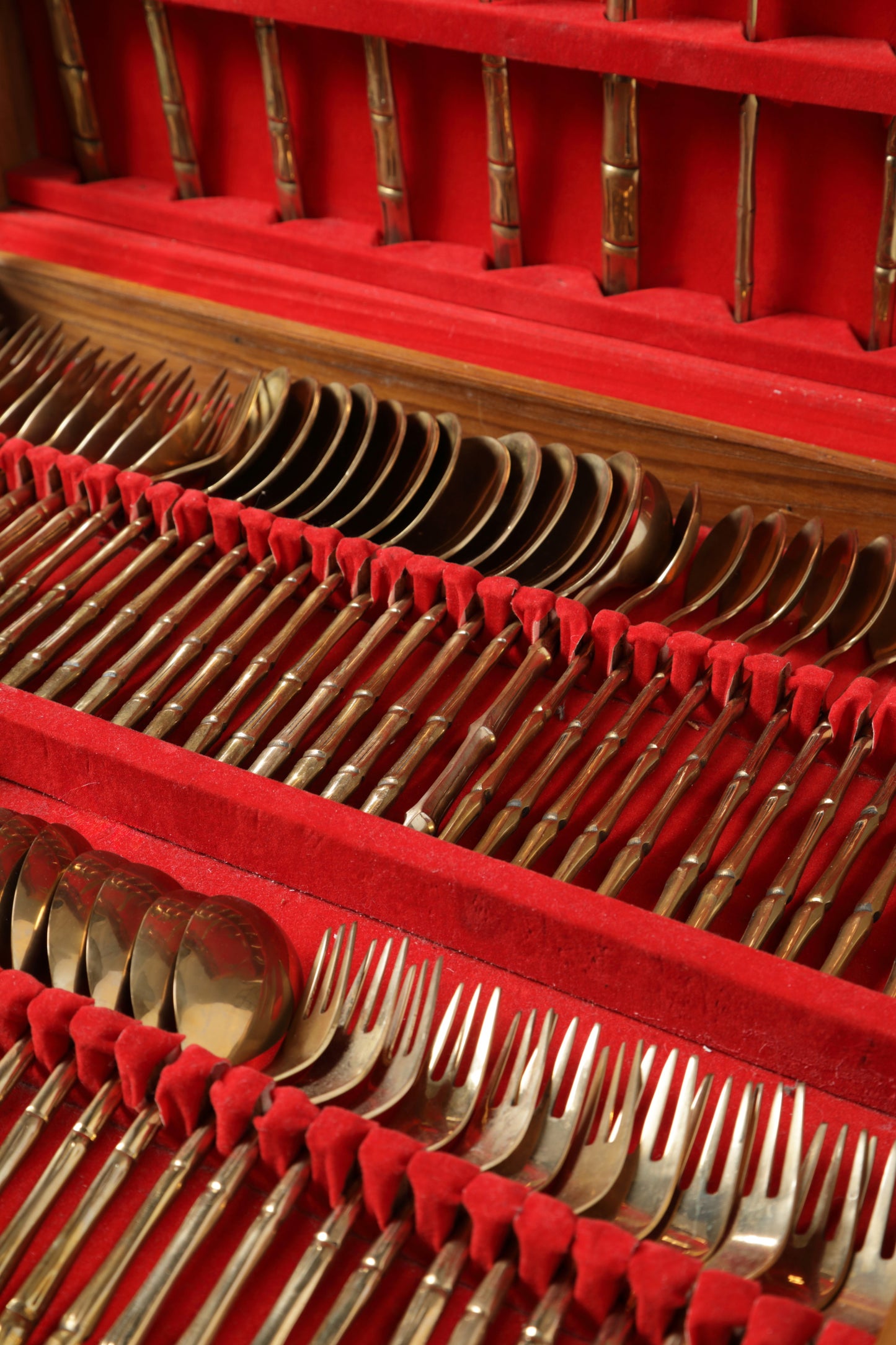 Large 1970s bamboo effect brass cutlery set, 144 pieces