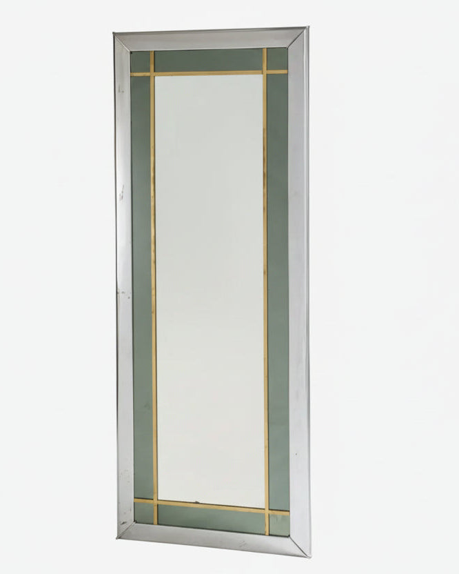 Large 1970s mirror, steel, brass, green glass