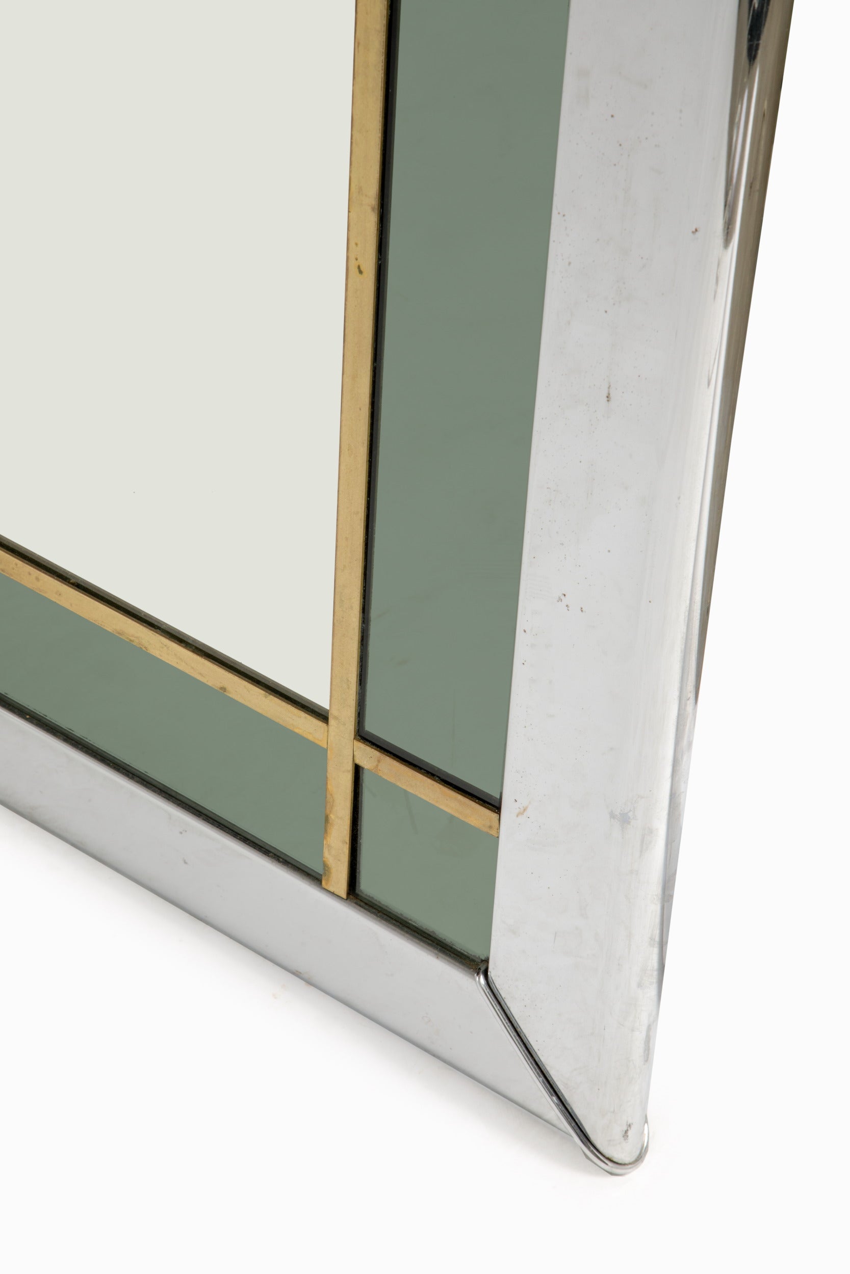 Large 1970s mirror, steel, brass, green glass