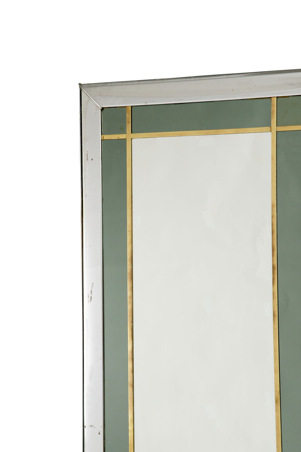 Large 1970s mirror, steel, brass, green glass