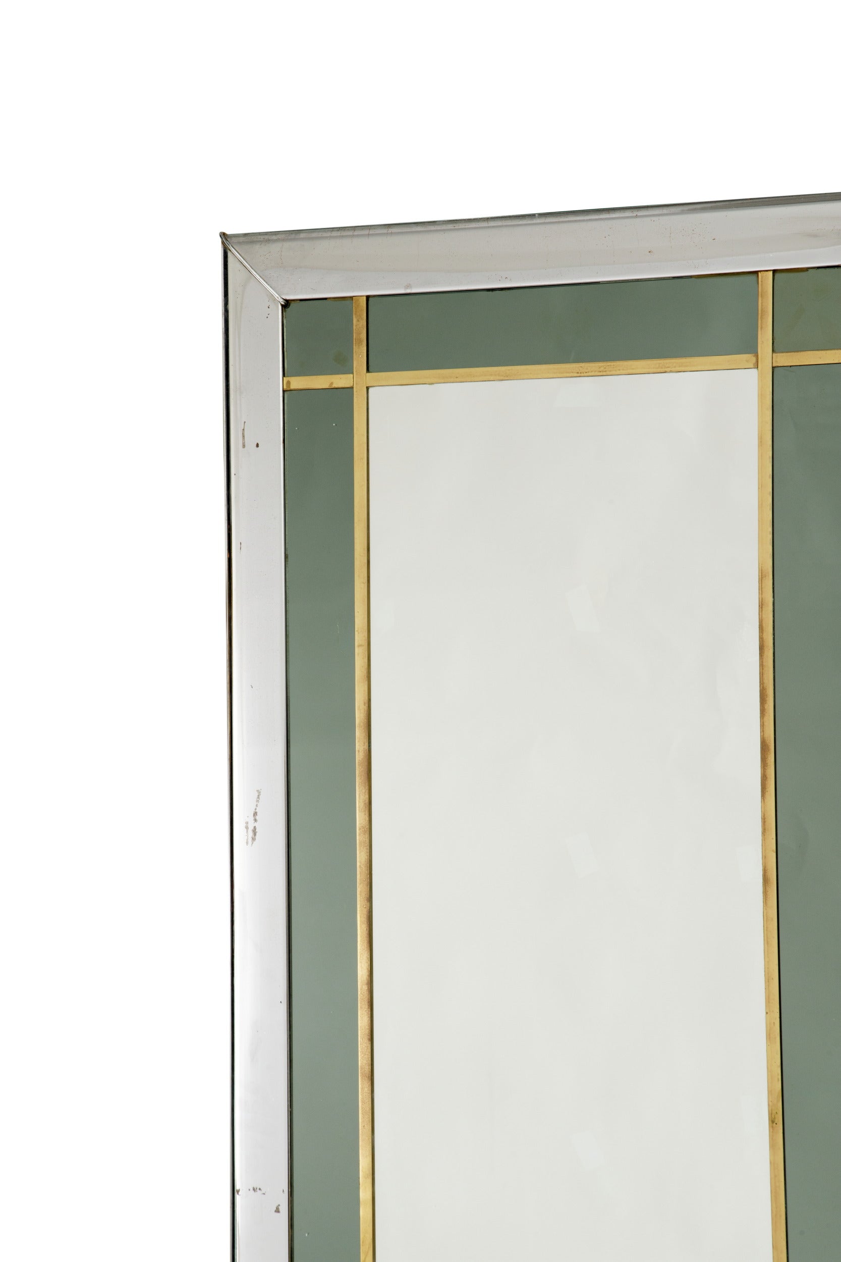 Large 1970s mirror, steel, brass, green glass