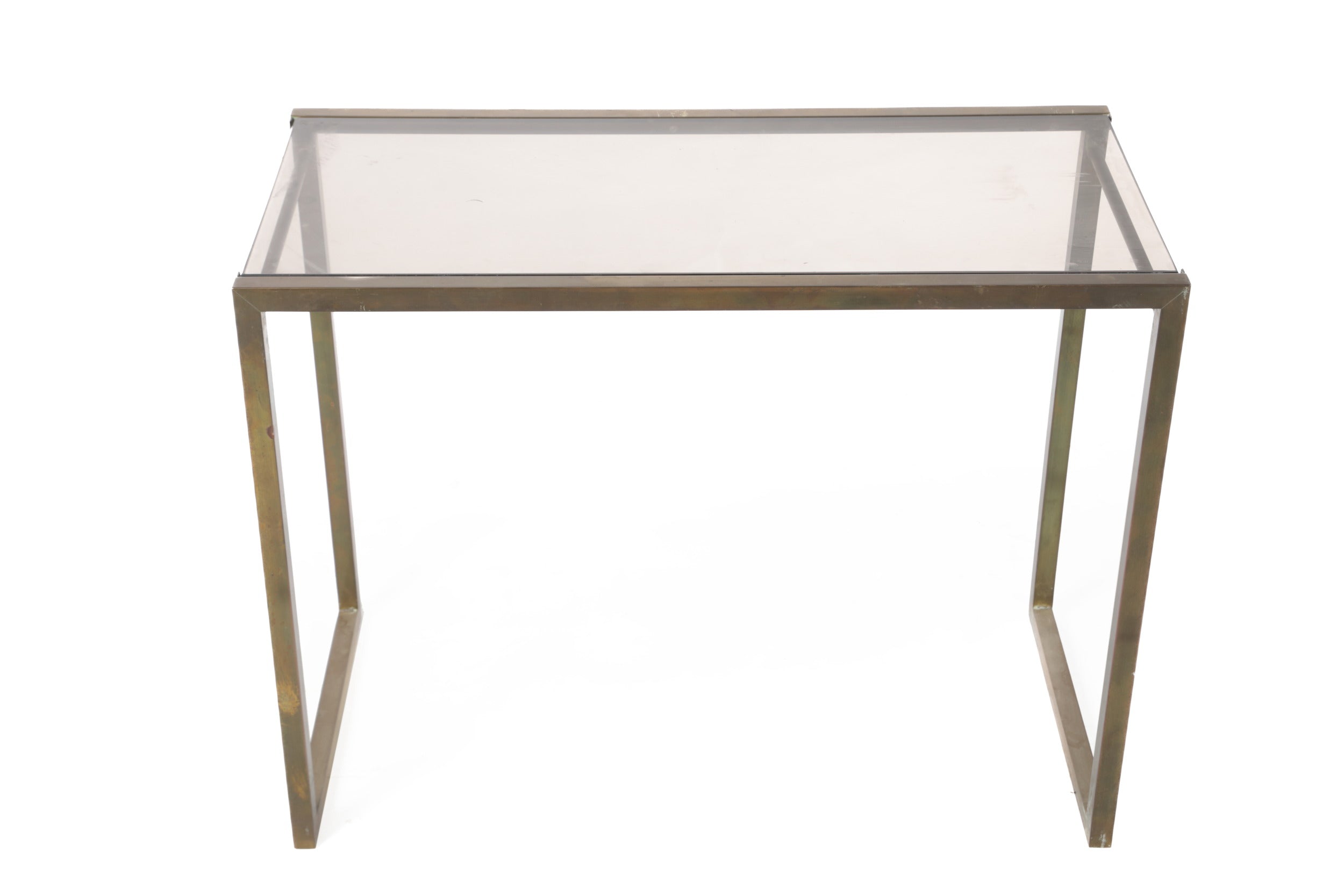 Trittico tavoli anni 70 vetro fumé e ottone