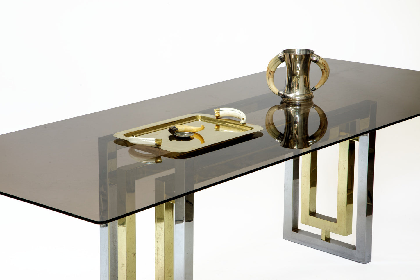 1970s steel, brass and smoked glass table