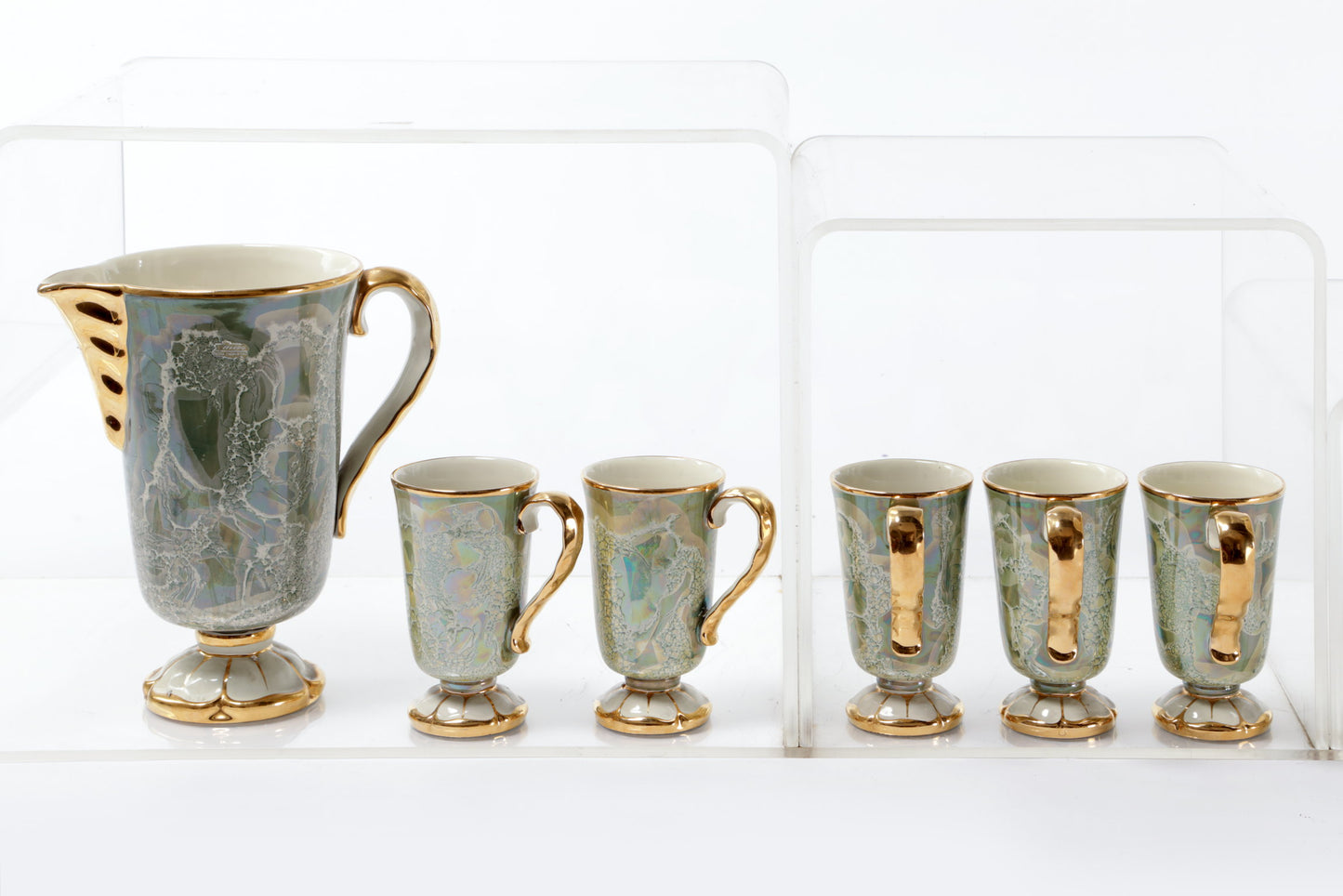 Goblet set with marbled ceramic jug from the 1950s
