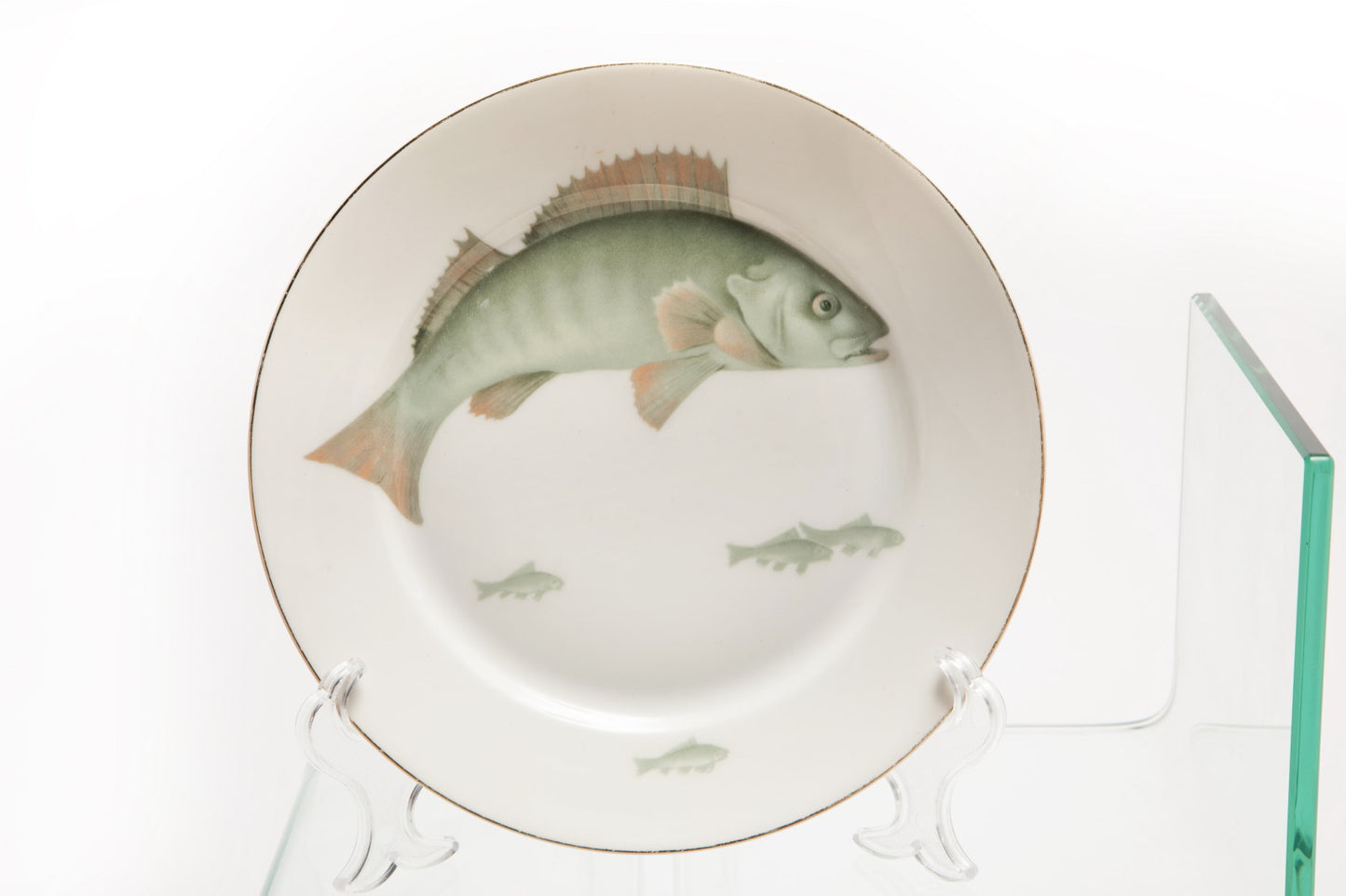 Porcelain dinner set with jade green fish from the 1940s