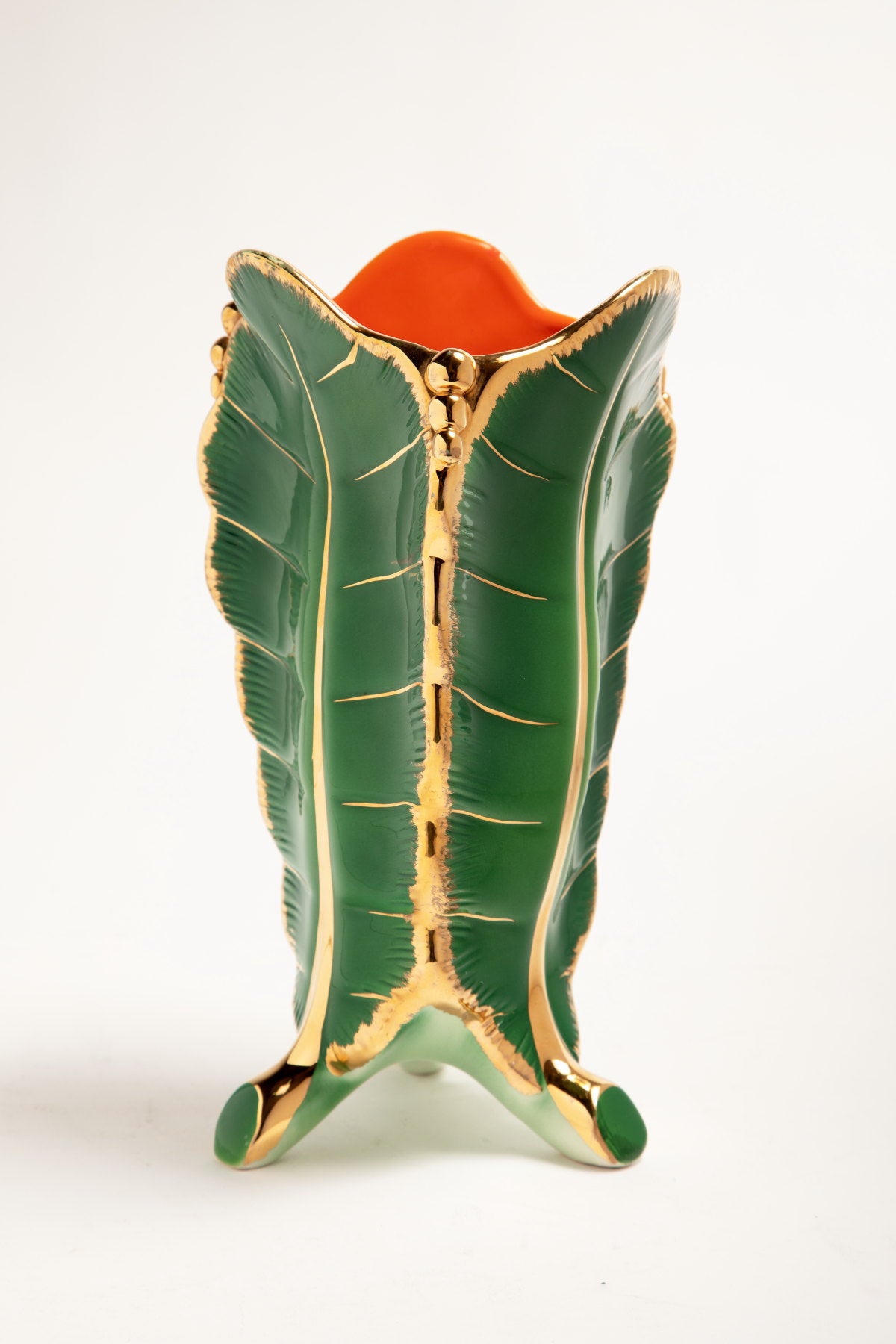 Ceramic vase with green and gold leaves from the 60s