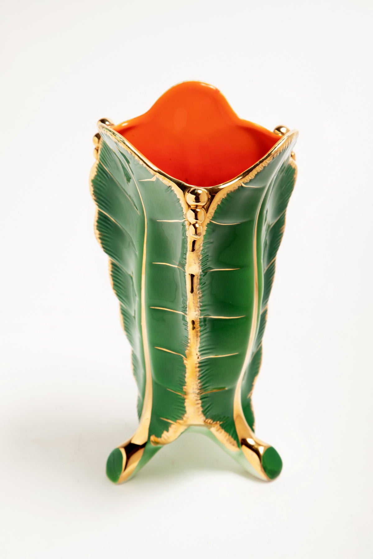 Ceramic vase with green and gold leaves from the 60s