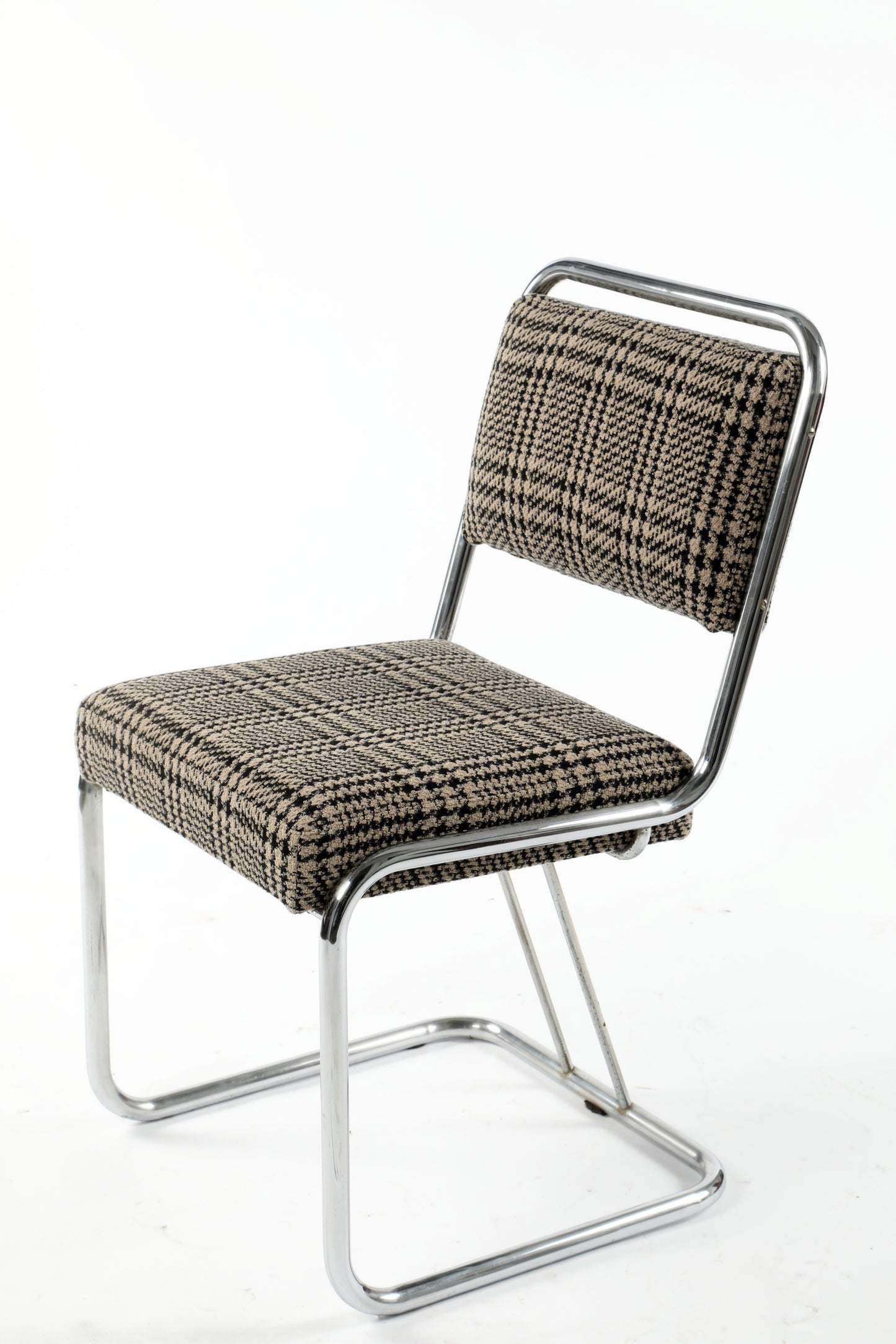 Four 70s wool and steel chairs