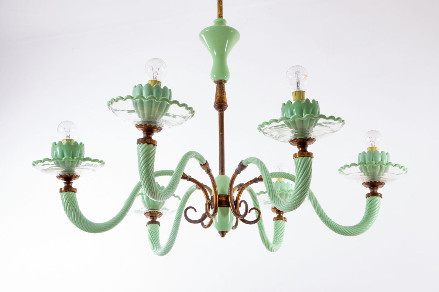 Six lights mint green Murano chandelier from the 60s