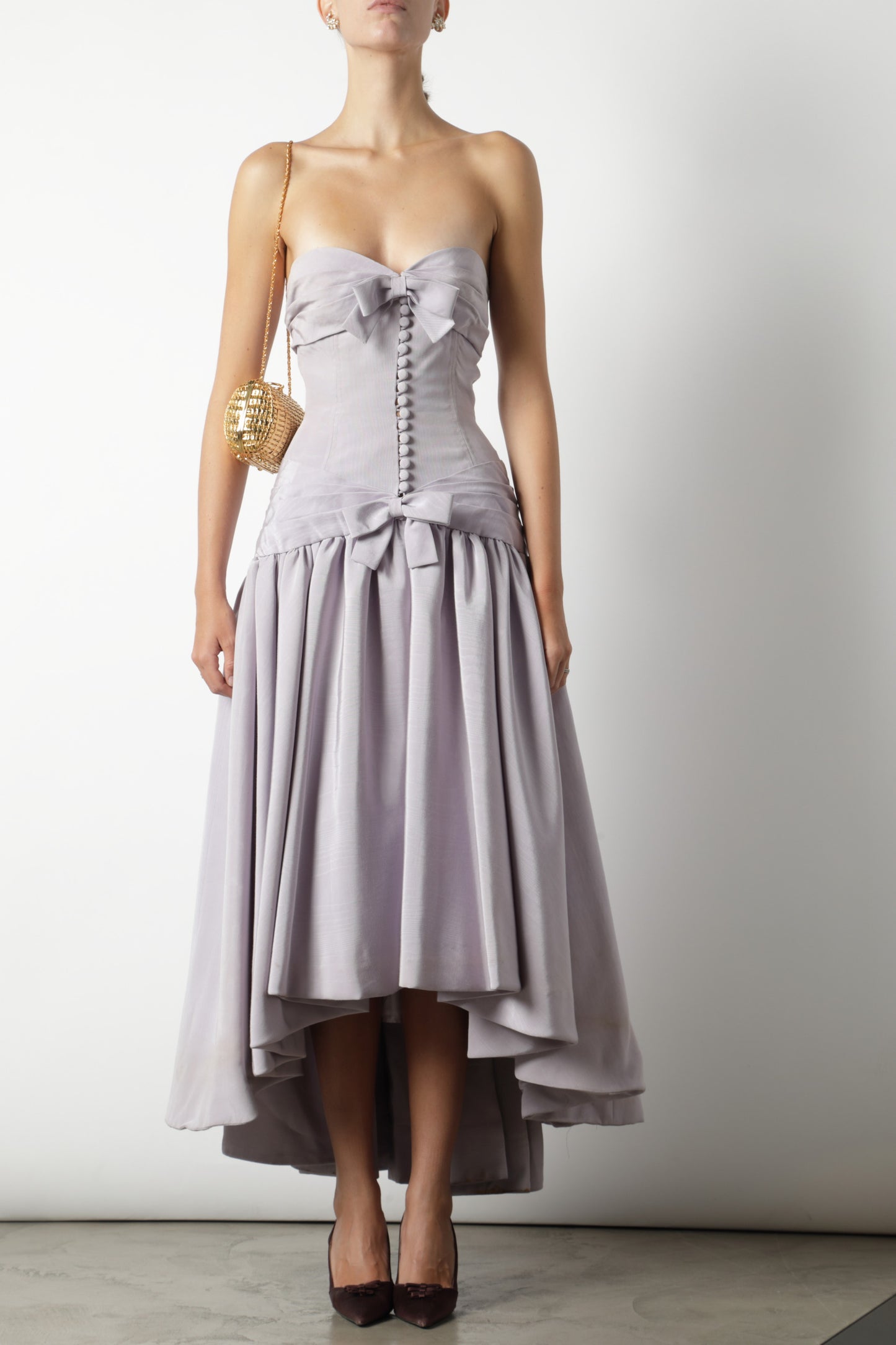 Mauve long dress with covered buttons