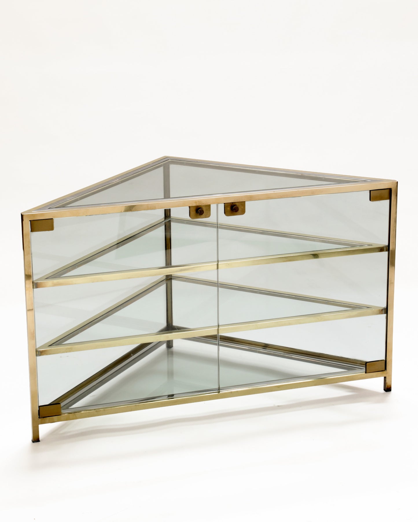 1970s corner brass display cabinet