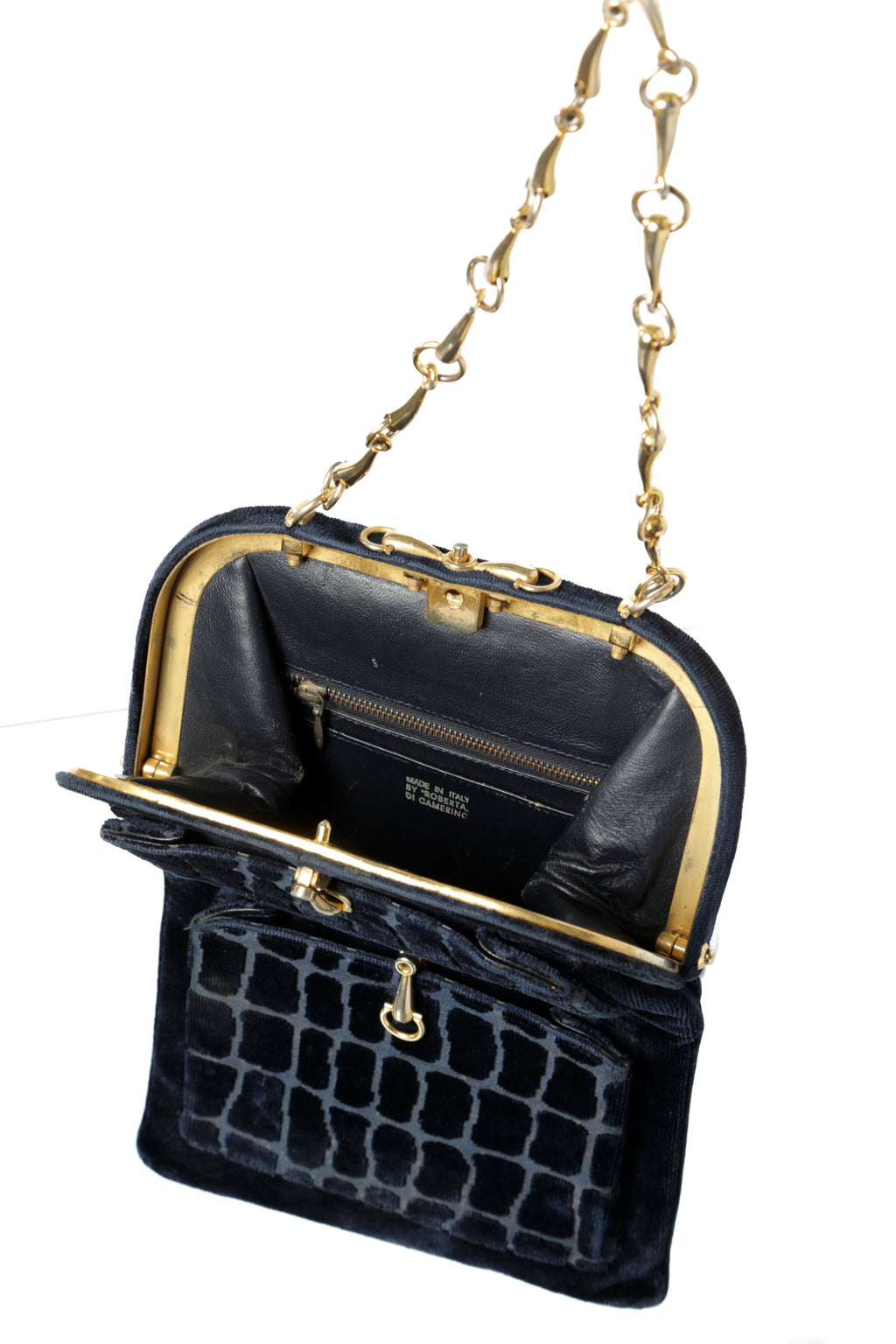 Borsa a tracolla Roberta di camerino velluto devorè blu anni 70