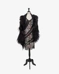 Black crepe shawl with cascading black ostrich feather fringe