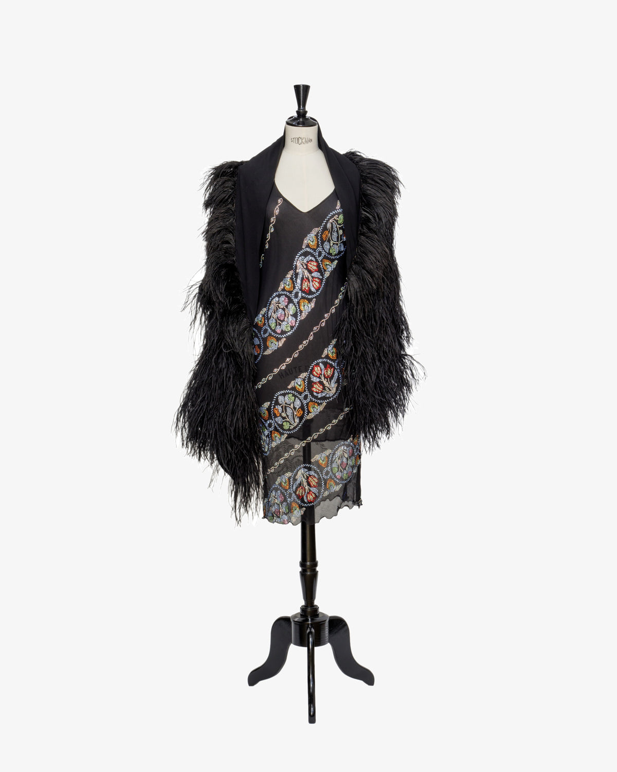 Black crepe shawl with cascading black ostrich feather fringe