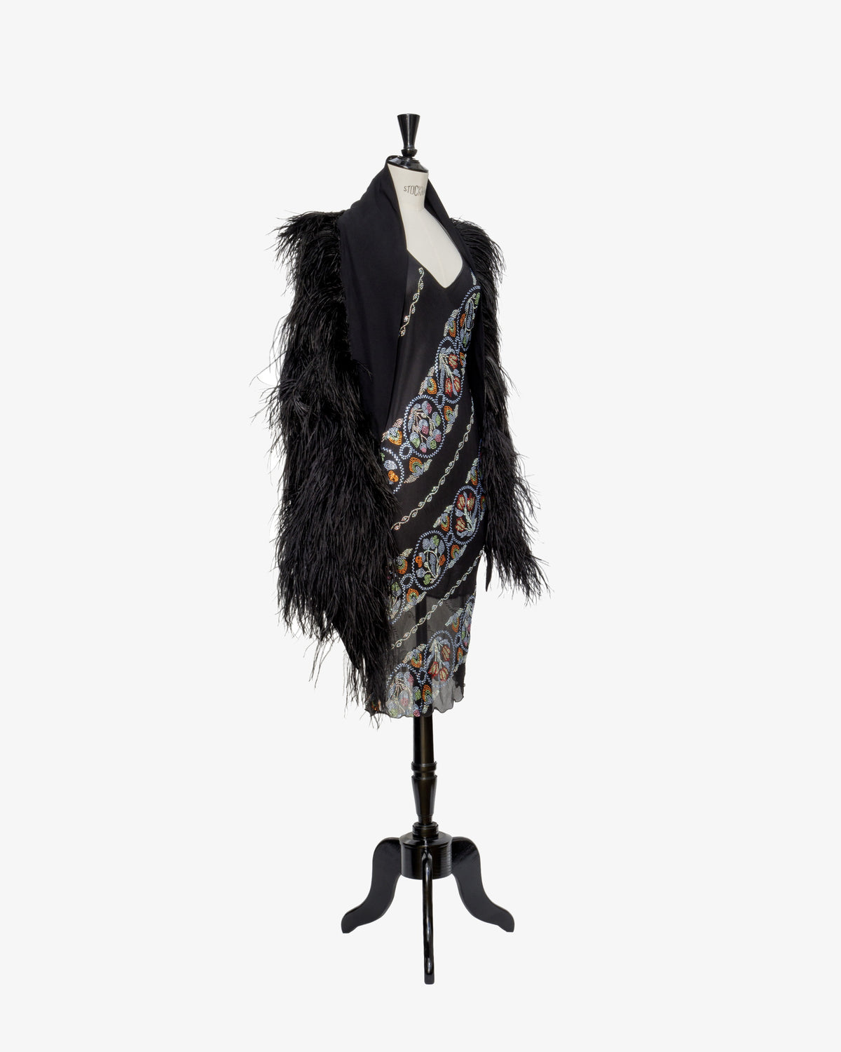 Black crepe shawl with cascading black ostrich feather fringe