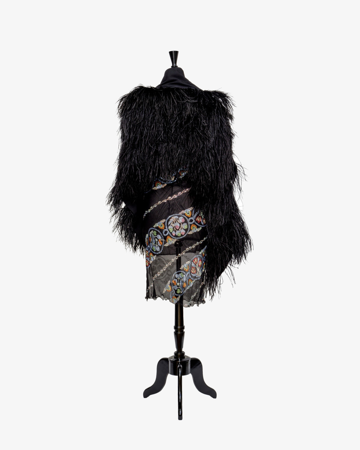 Black crepe shawl with cascading black ostrich feather fringe