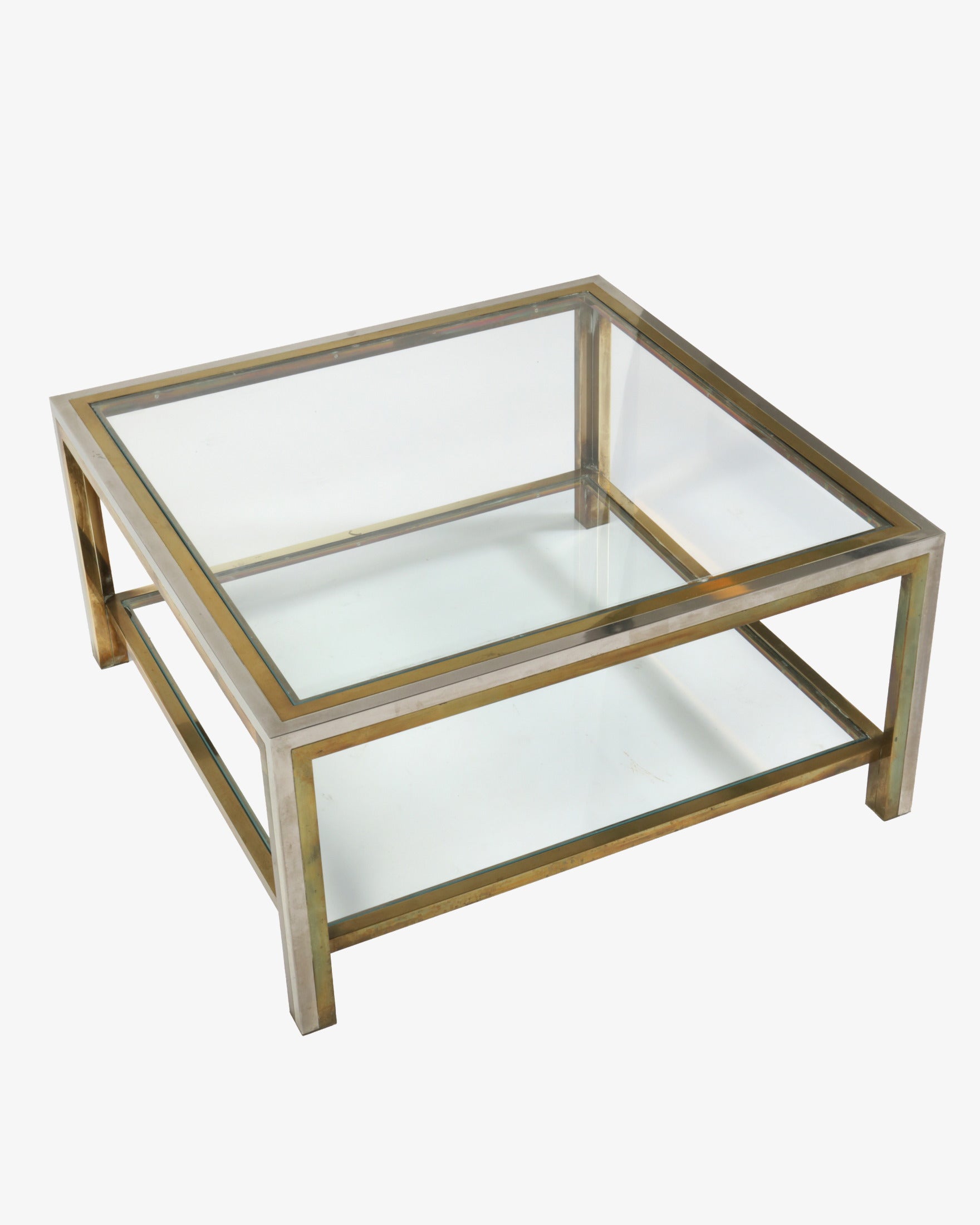 1970s square brass and steel coffee table