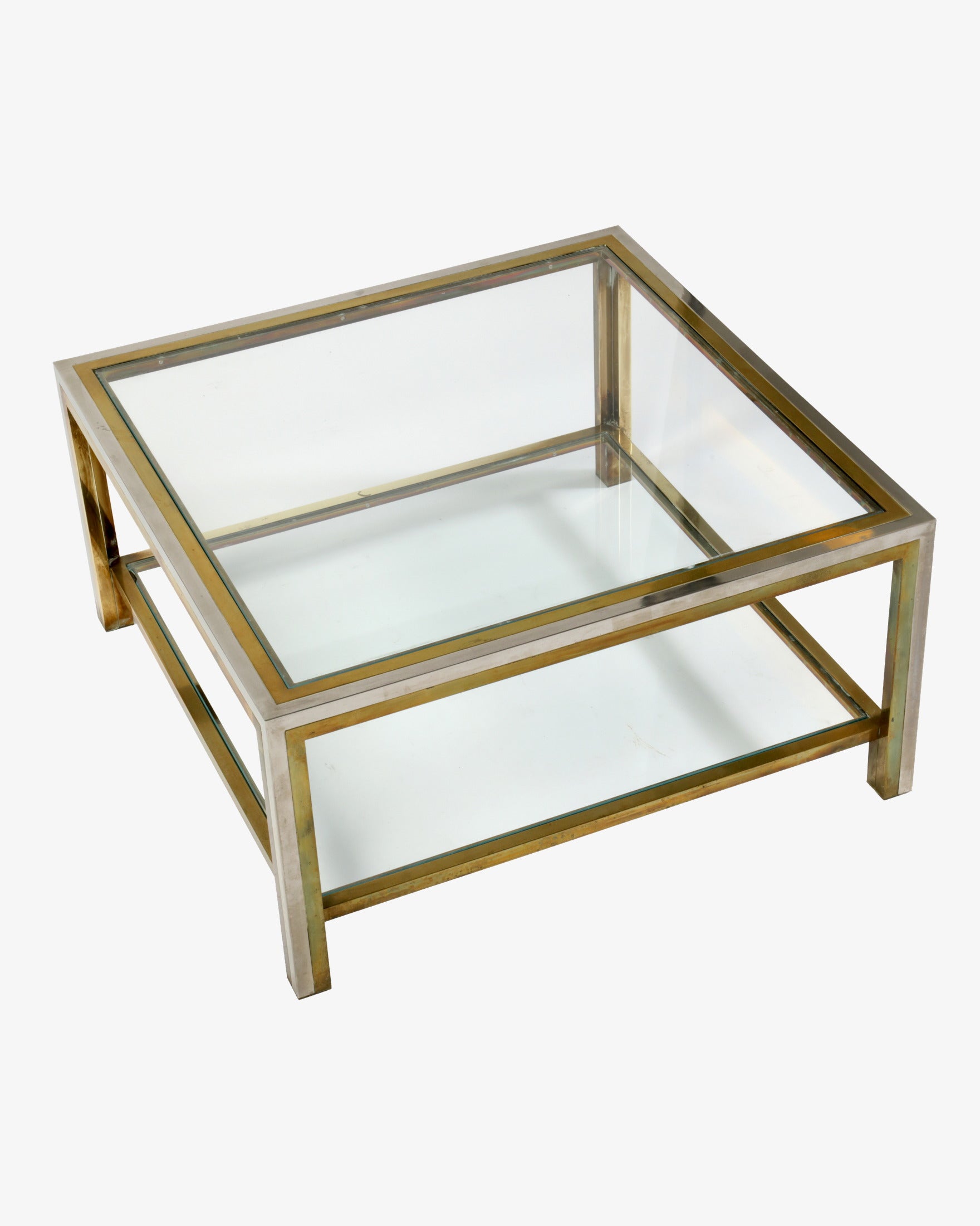 1970s square brass and steel coffee table