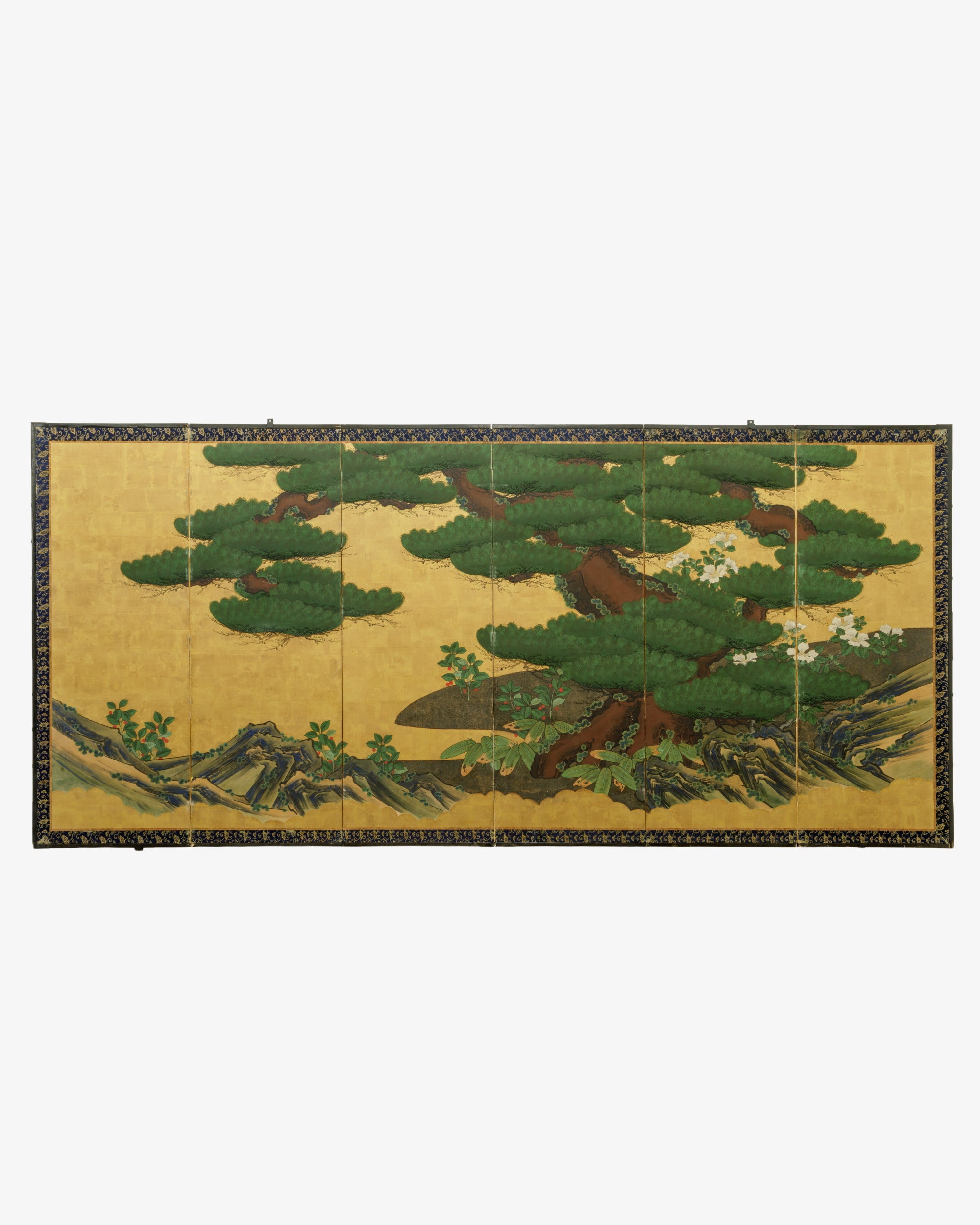 Japanese six-panel Byōbu Matsu-ni-Kinji screen with pines on a gold ground