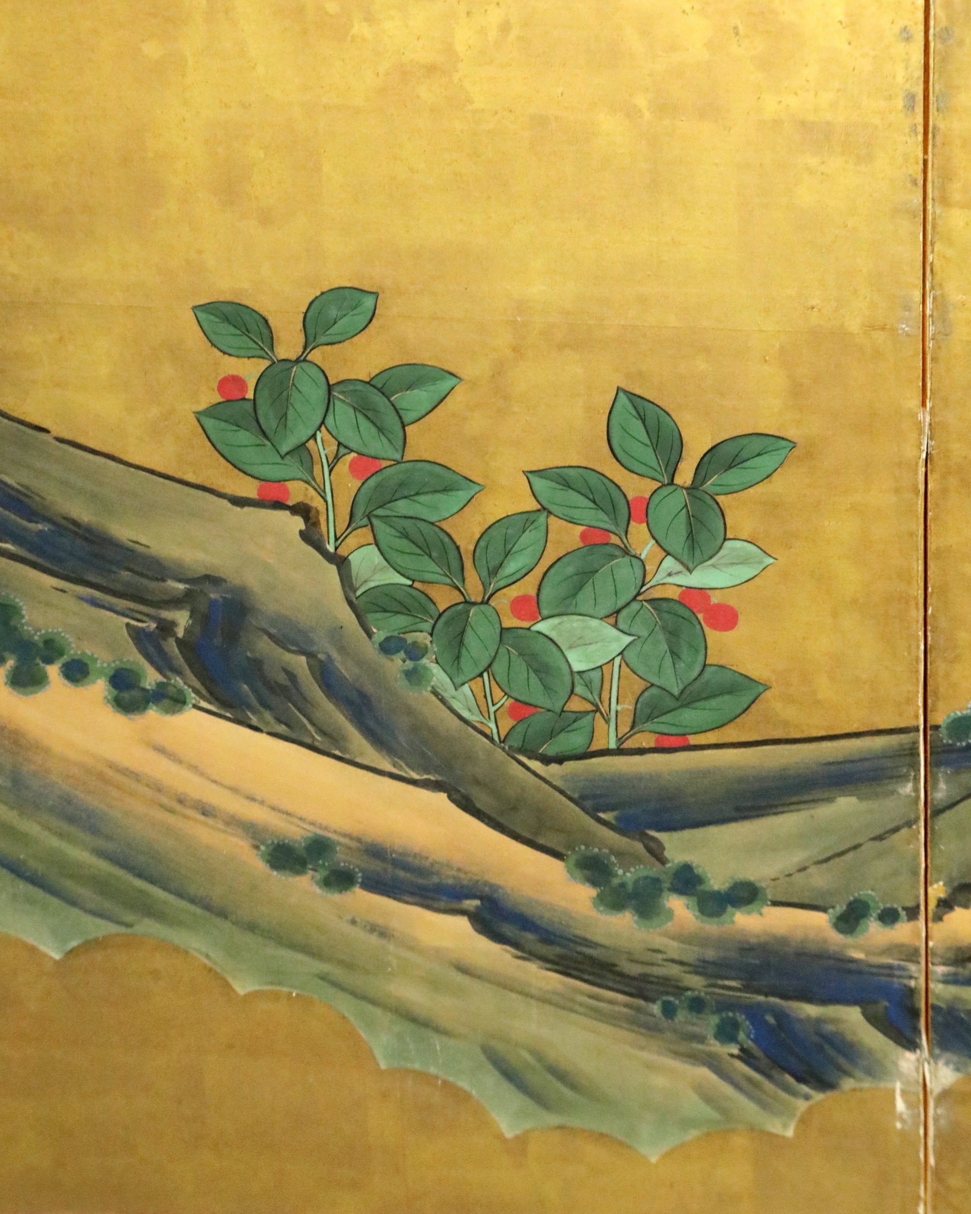 Japanese six-panel Byōbu Matsu-ni-Kinji screen with pines on a gold ground