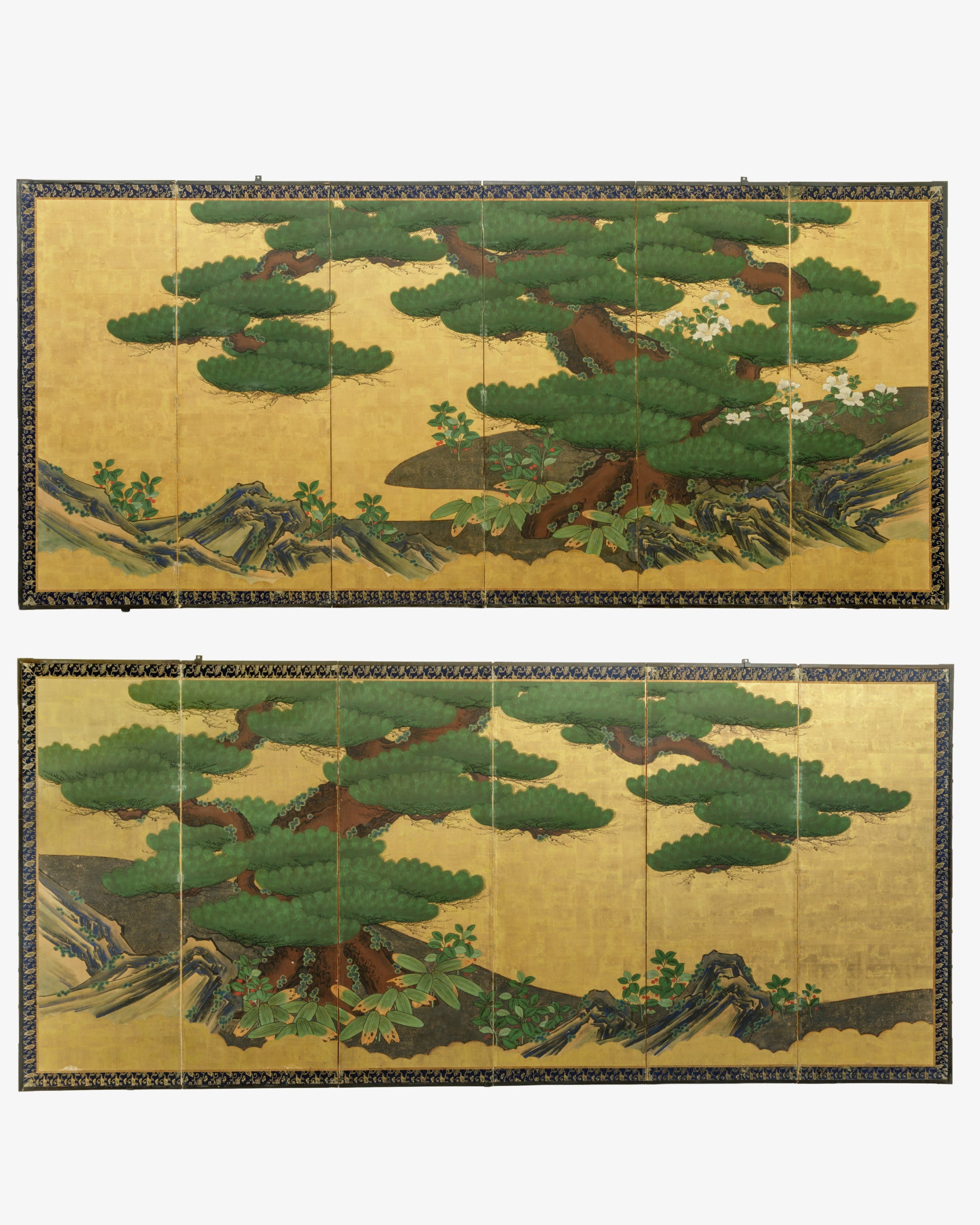 Japanese six-panel Byōbu Matsu-ni-Kinji screen with pines on a gold ground