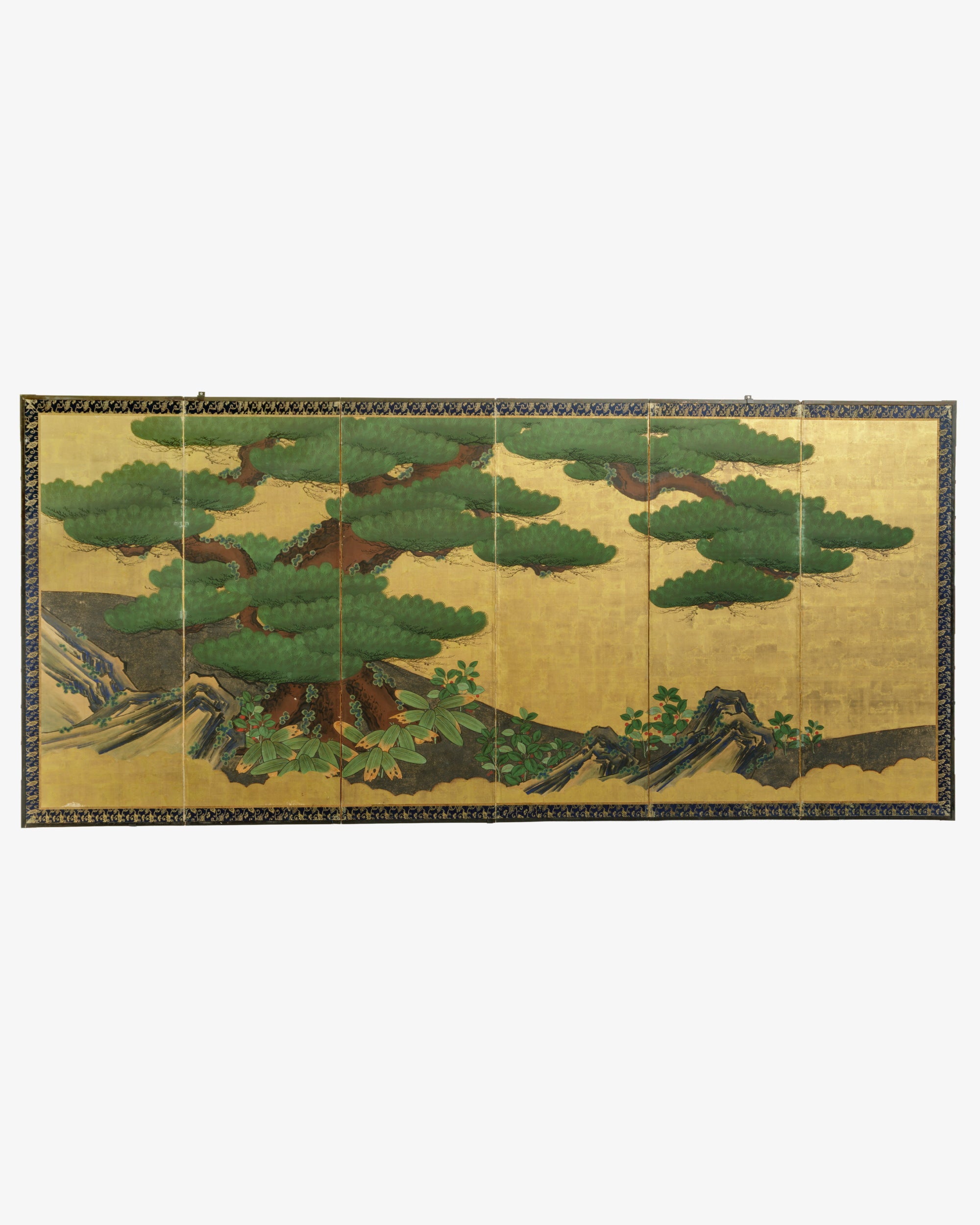 Japanese six-panel Byōbu Matsu-ni-Kinji screen with pines on a gold ground