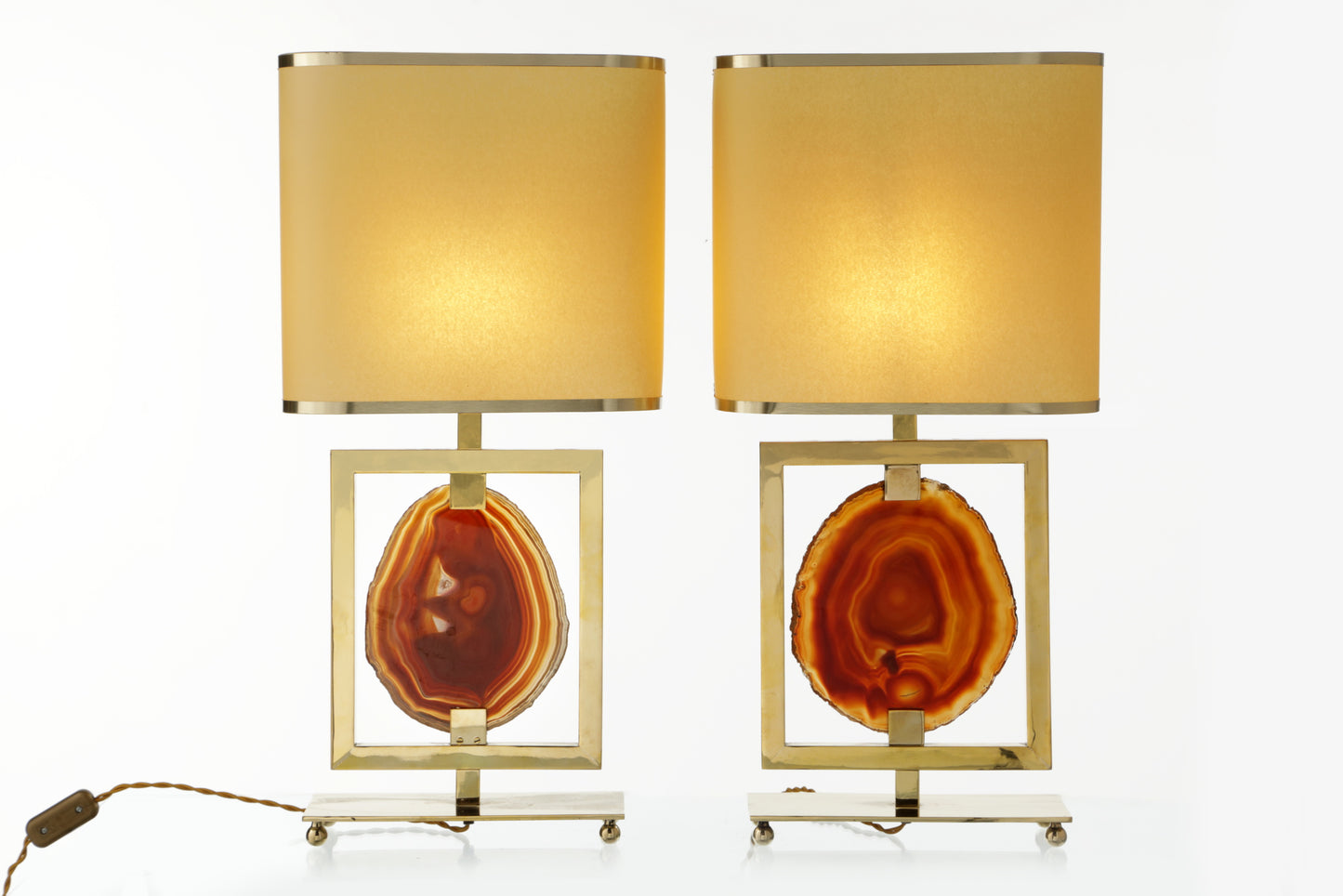Pair of 1970s brass and carnelian agate lamps