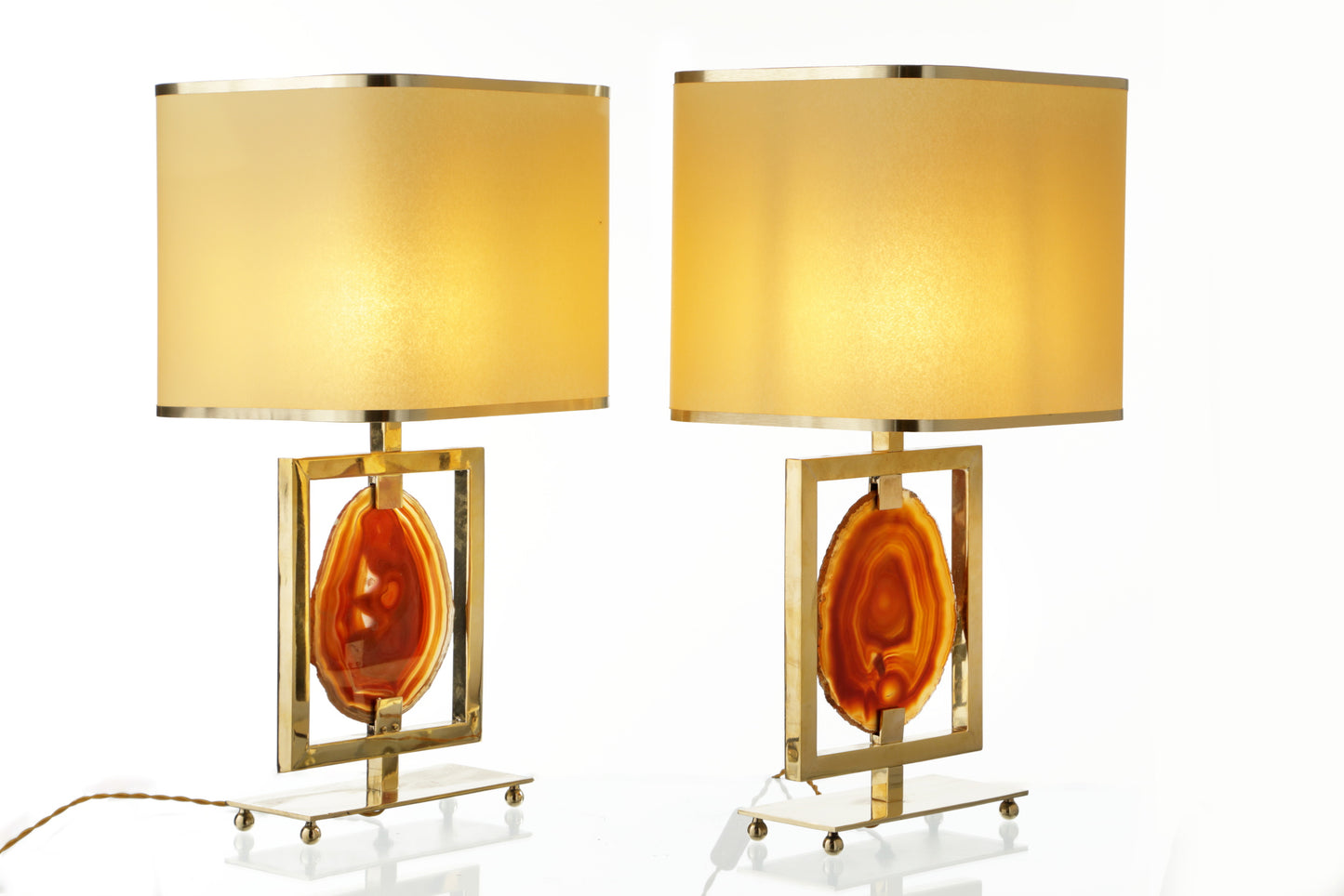 Pair of 1970s brass and carnelian agate lamps